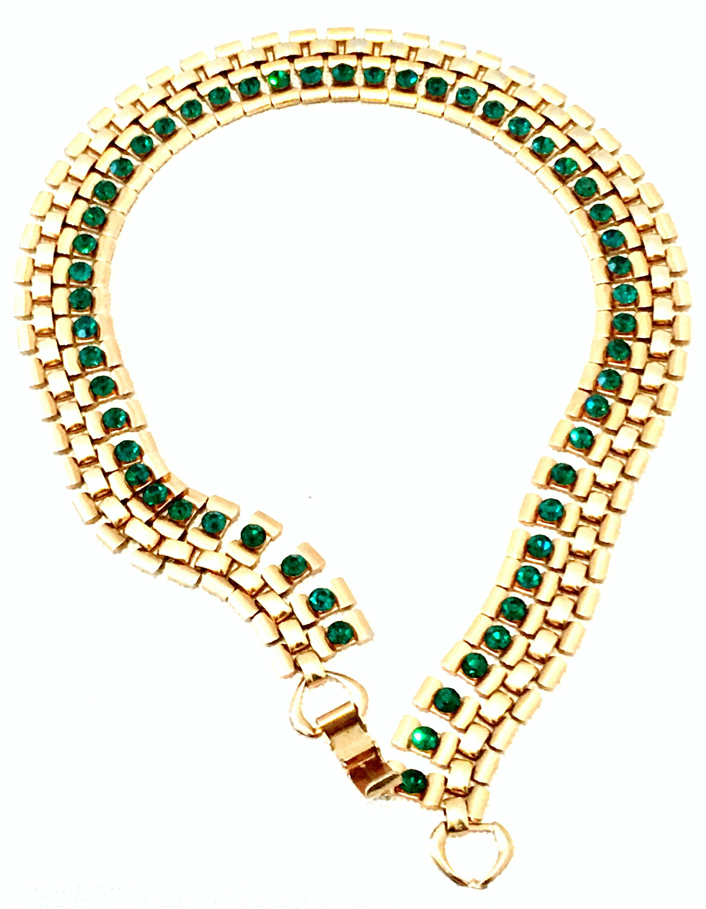 Women's or Men's 20th Century Gold Plate & Emerald Austrian Crystal Link Choker Style Necklace For Sale
