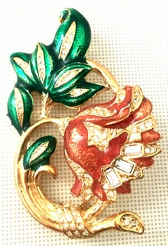 20th Century Gold Plate, Enamel & Austrian Crystal French Horn Christmas Brooch