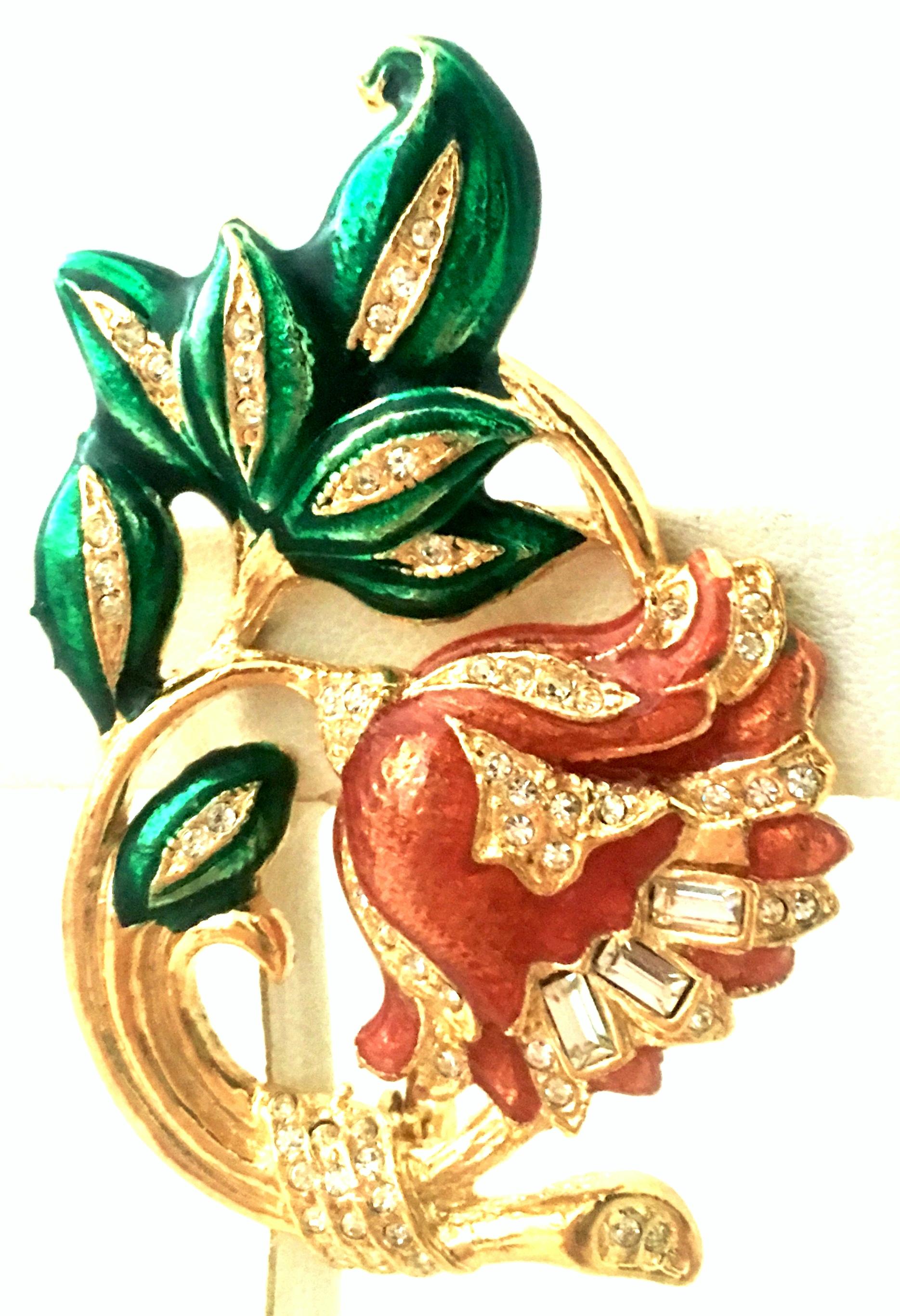 20th Century Gold Plate, Enamel & Austrian Crystal French Horn Christmas Brooch In Good Condition For Sale In West Palm Beach, FL