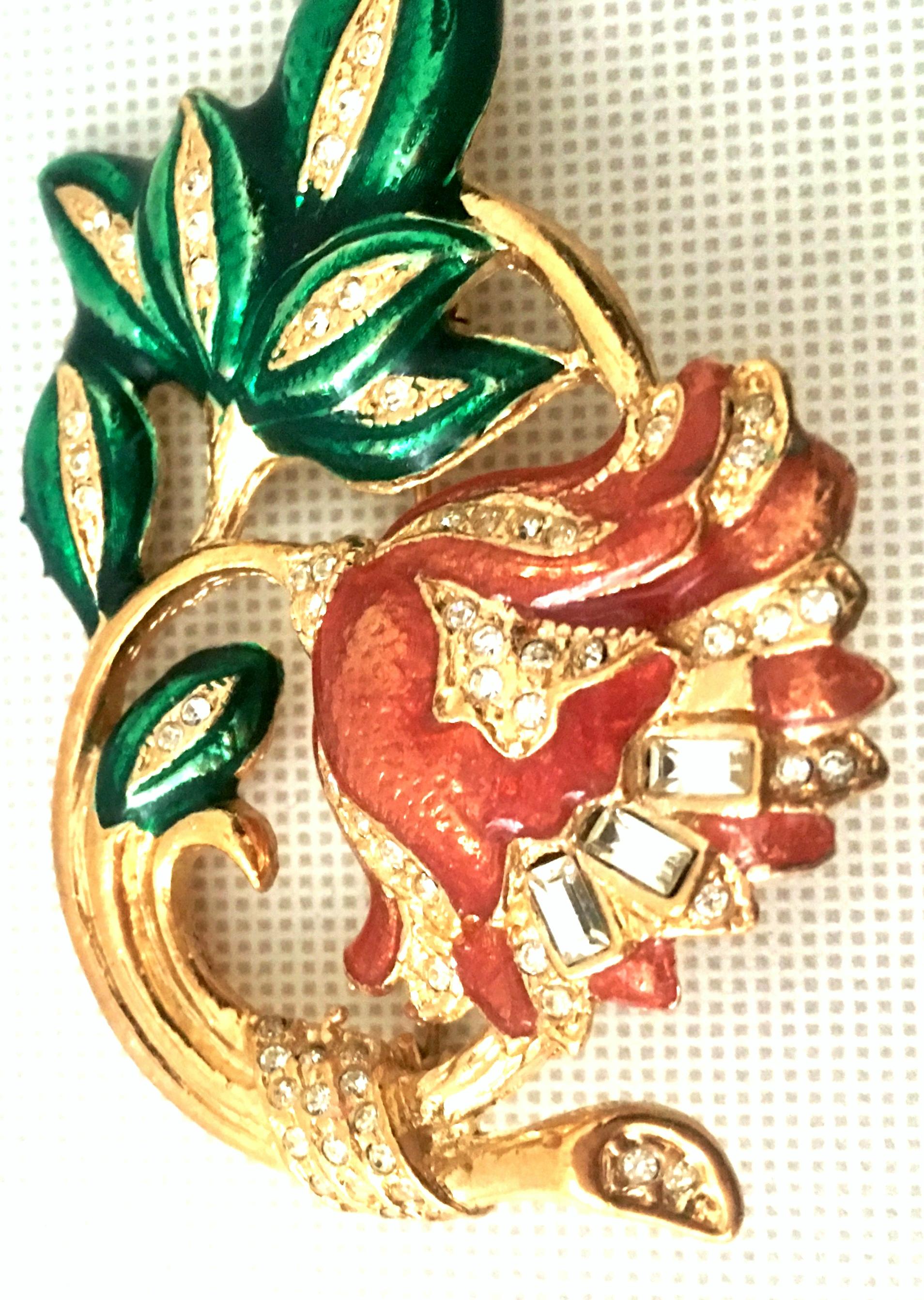 Women's or Men's 20th Century Gold Plate, Enamel & Austrian Crystal French Horn Christmas Brooch For Sale