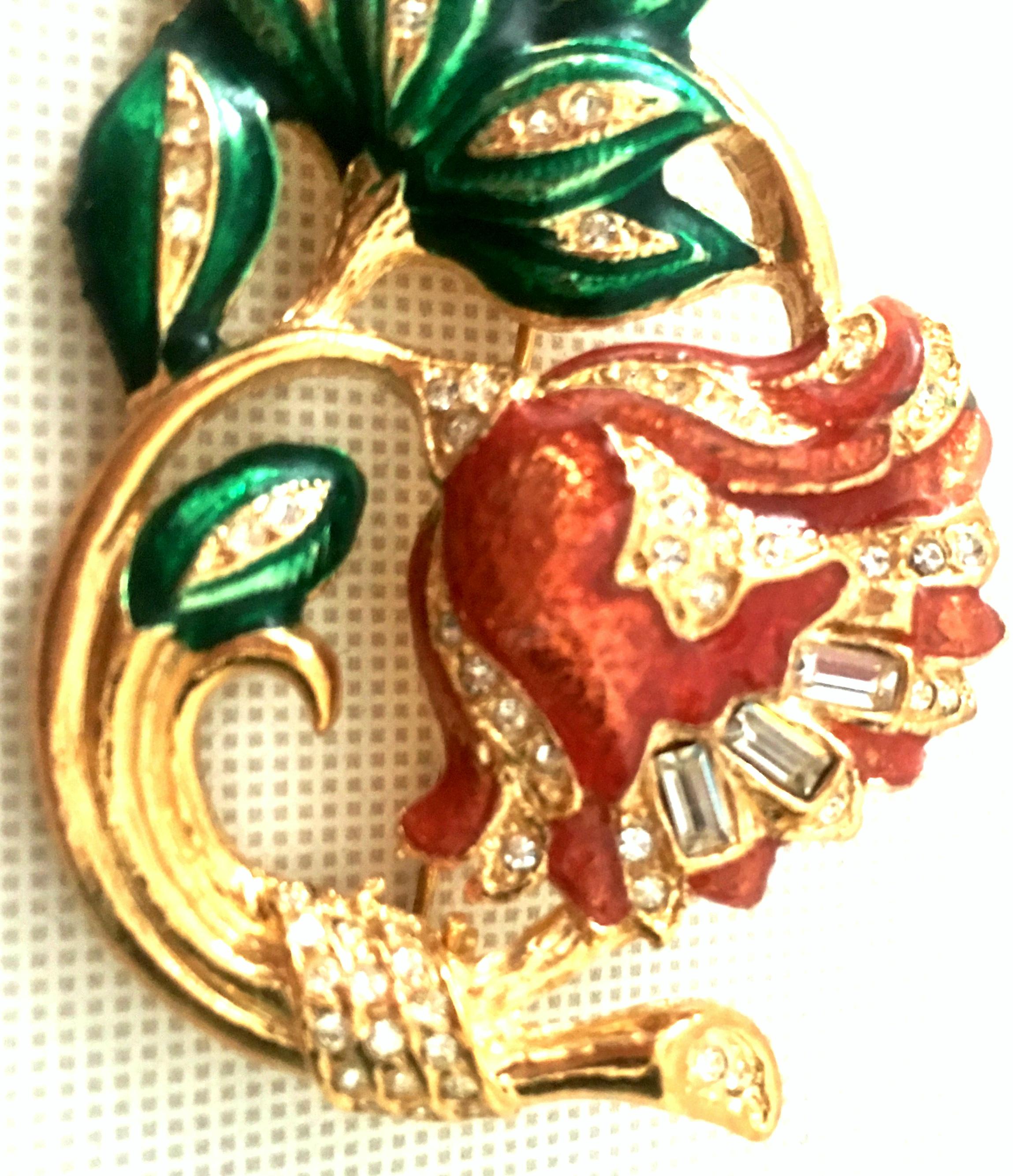 20th Century Gold Plate, Enamel & Austrian Crystal French Horn Christmas Brooch For Sale 1