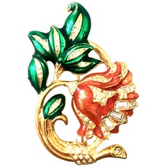 Vintage 20th Century Gold Plate, Enamel & Austrian Crystal French Horn Christmas Brooch
