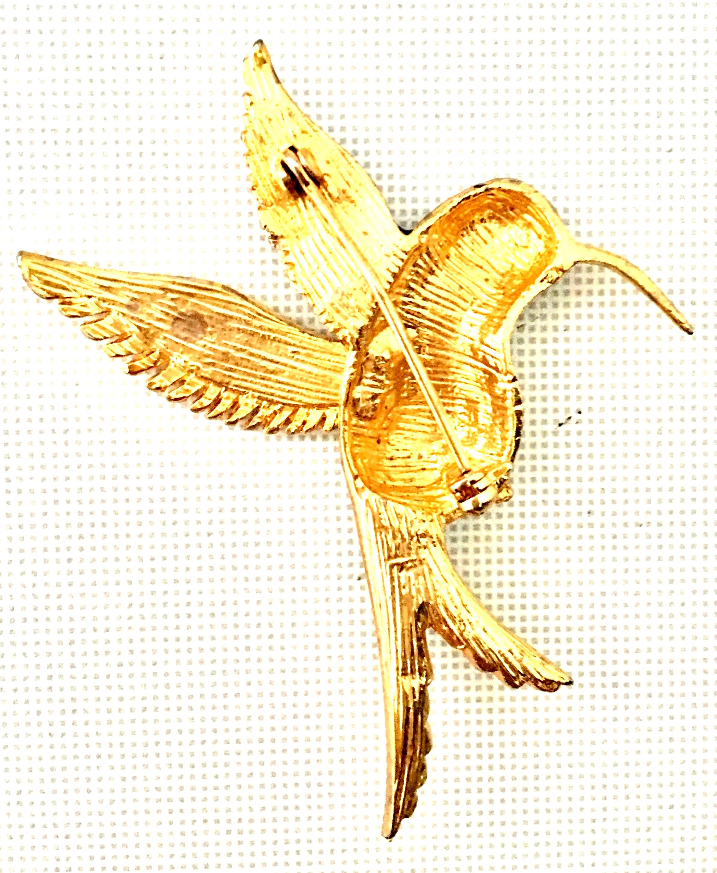 20th Century Gold Plate Enamel & Crystal Hummingbird Brooch 3