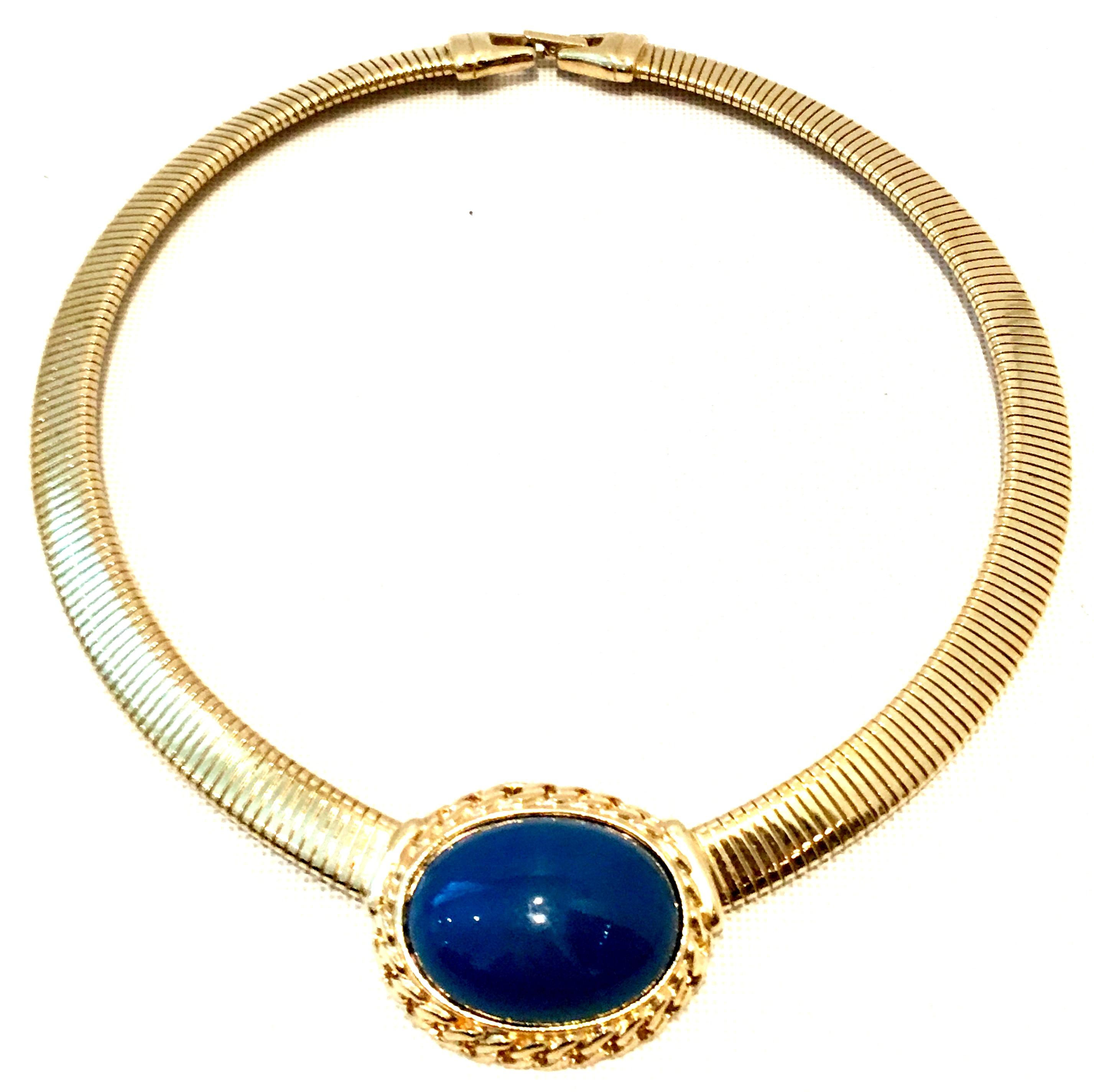 20th Century Gold Plate & Faux Blue Lapis Omega Choker Necklace By, Trifari In Good Condition In West Palm Beach, FL