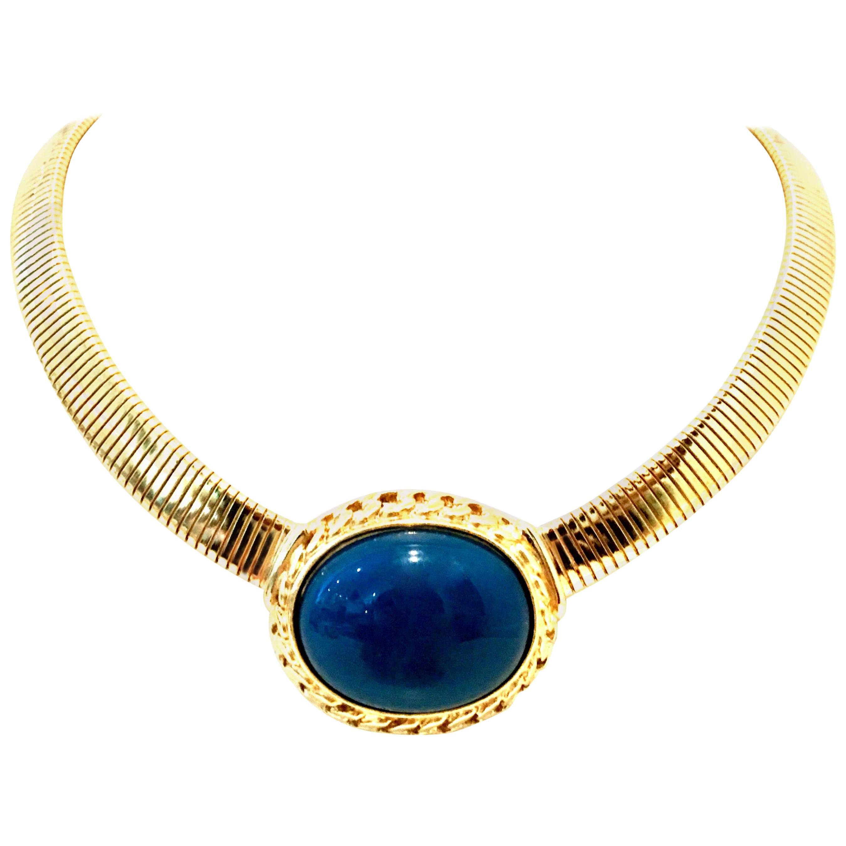 20th Century Gold Plate & Faux Blue Lapis Omega Choker Necklace By, Trifari