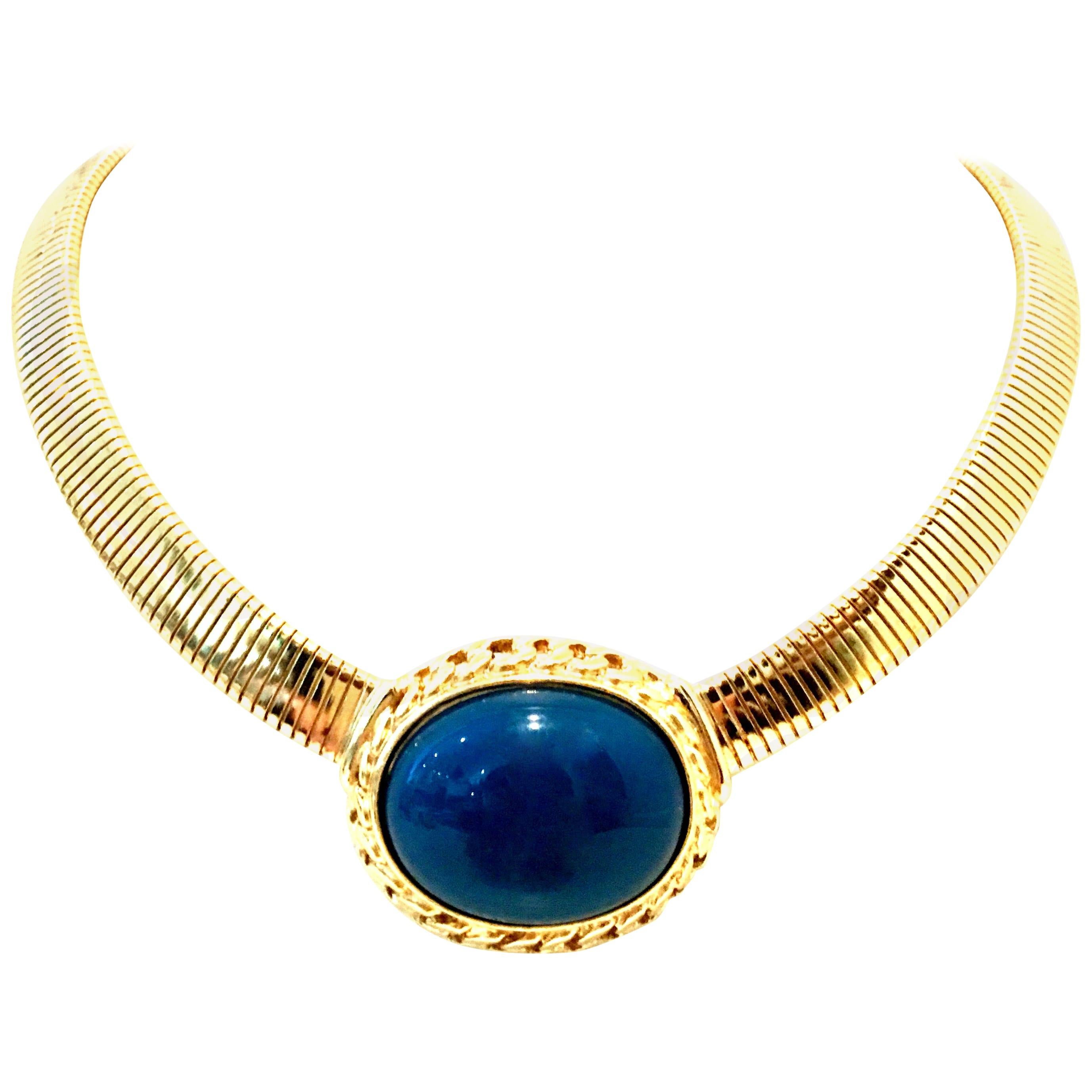 20th Century Gold Plate & Faux Blue Lapis Omega Choker Necklace By, Trifari For Sale