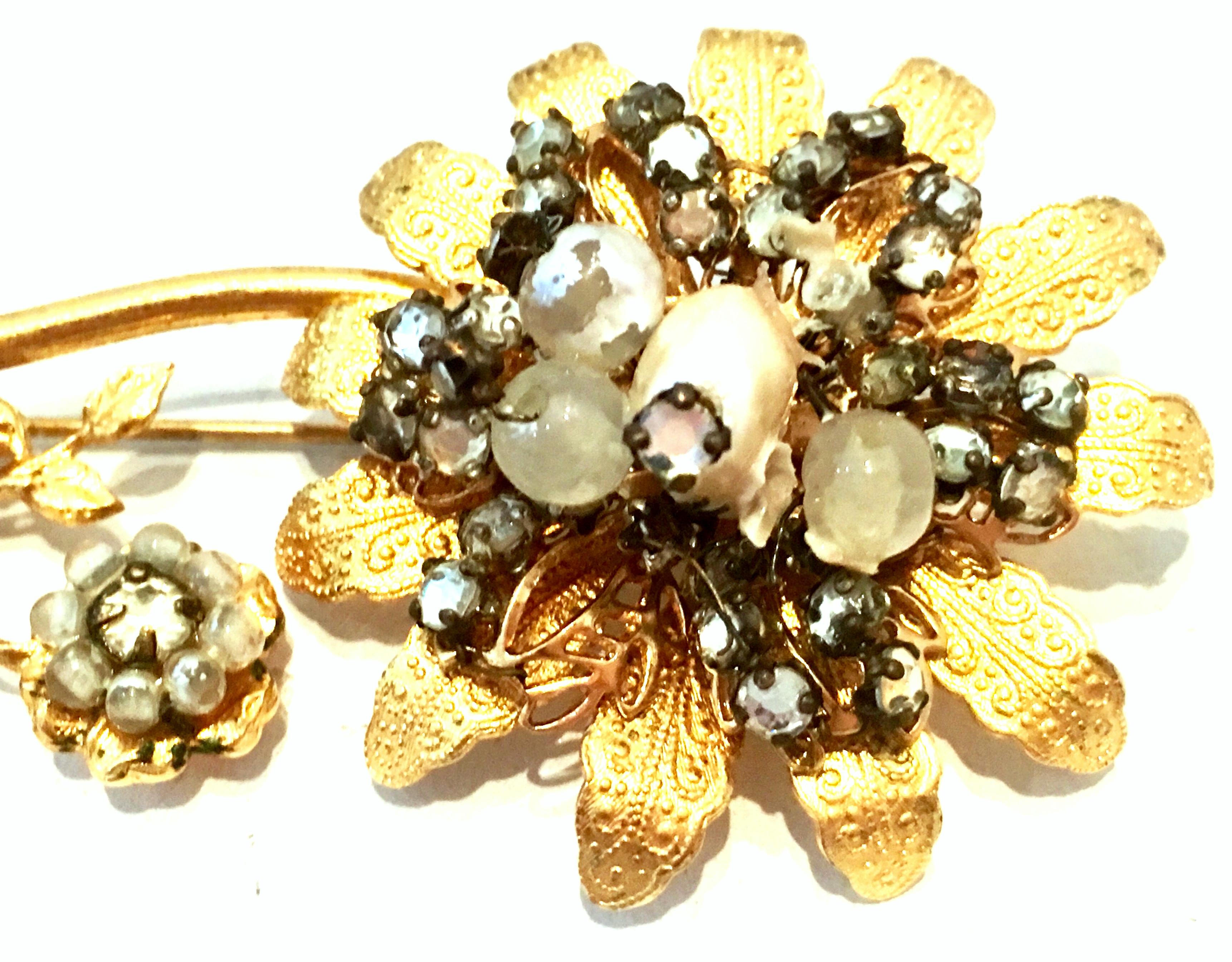 20th Century Gold Plate Faux Pearl & Crystal Flower Brooch By Original By Robert For Sale 2