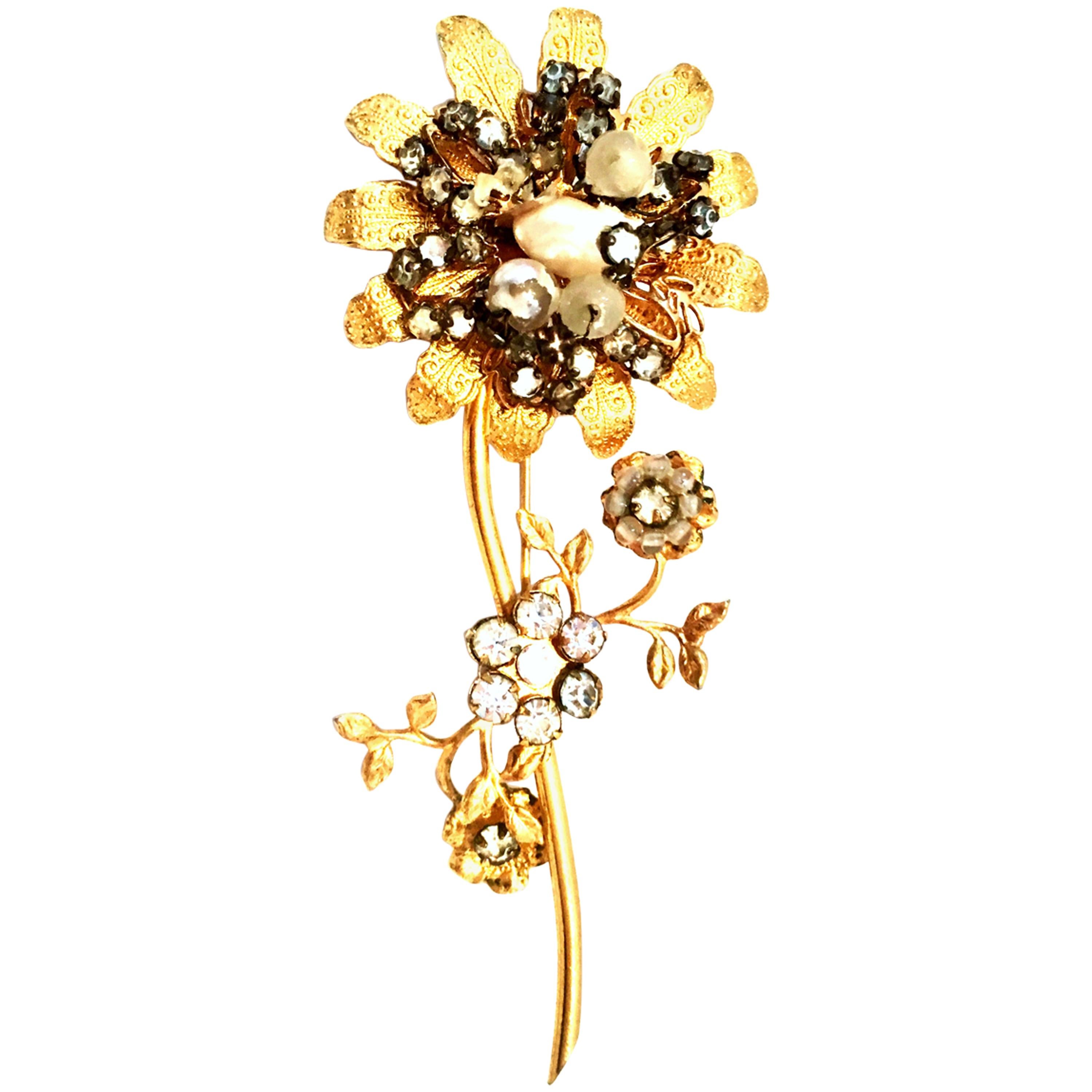 20th Century Gold Plate Faux Pearl & Crystal Flower Brooch By Original By Robert For Sale