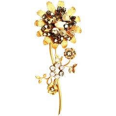 20th Century Gold Plate Faux Pearl & Crystal Flower Brooch By Original By Robert