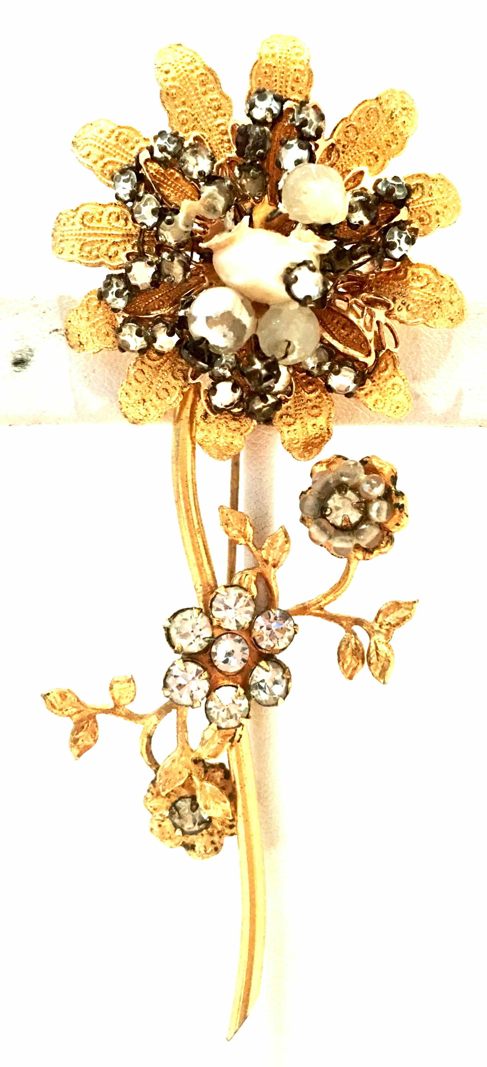 20th Century Gold Plate, Faux Pearl & Austrain Crystal Flower Brooch By Original By Robert. This intricate, dimensional and coveted gold plate flower brooch features a 1