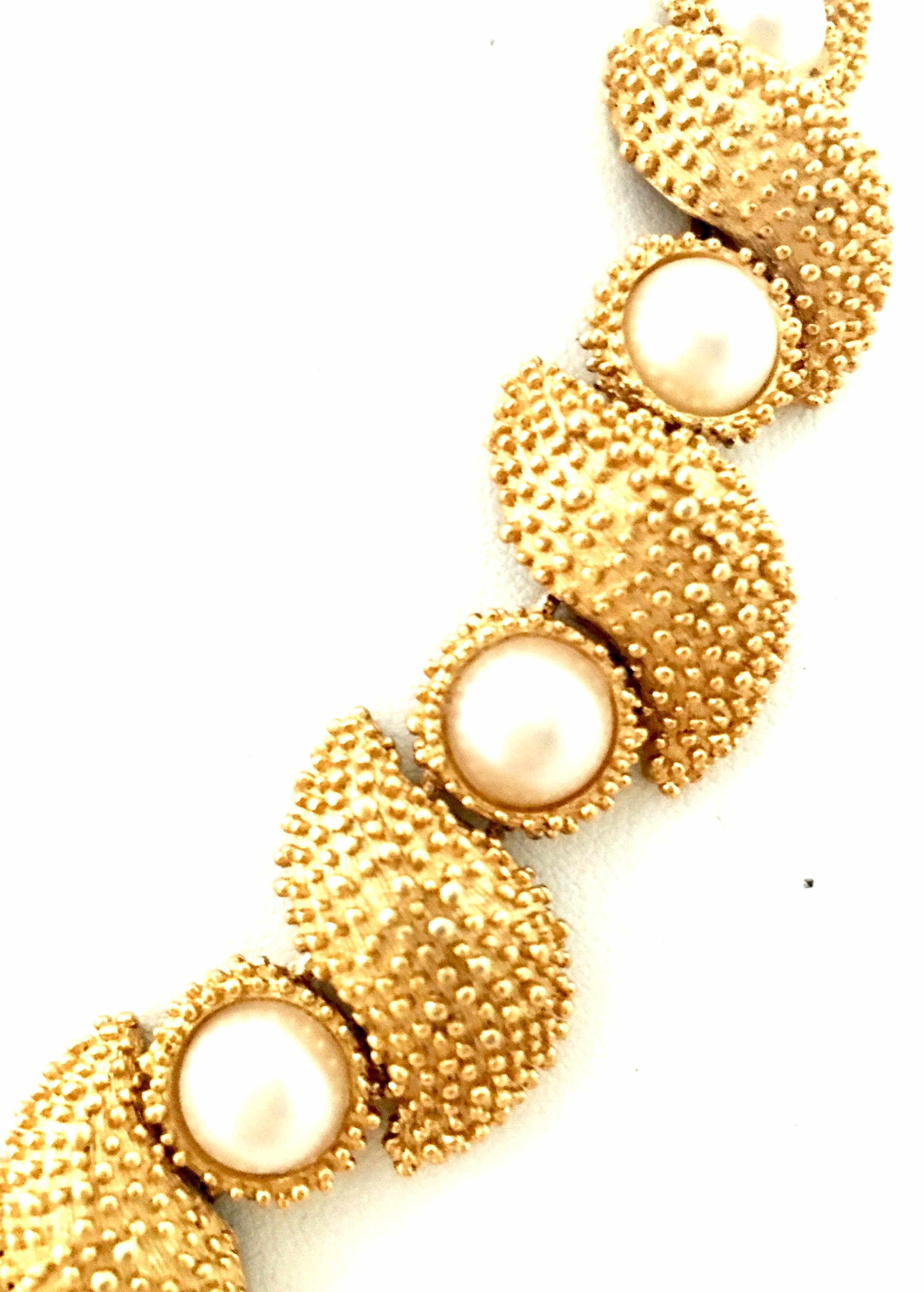 Women's or Men's 20th Century Gold Plate & Faux Pearl Necklace And Bracelet By, Trifari S/2 For Sale