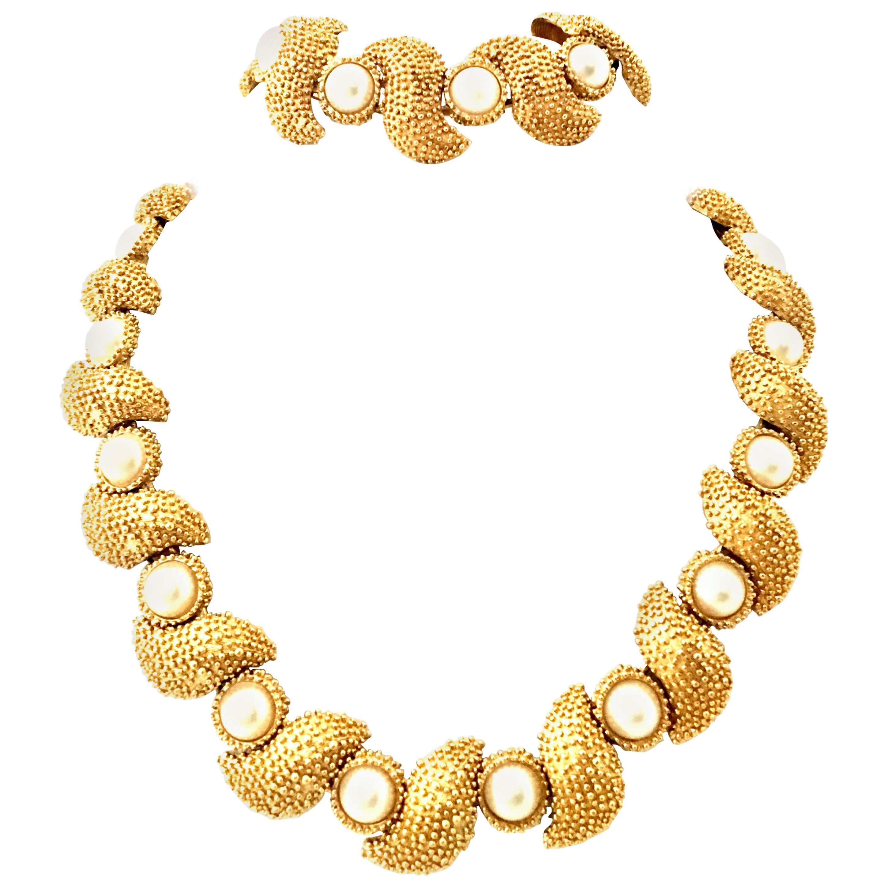20th Century Gold Plate & Faux Pearl Necklace And Bracelet By, Trifari S/2 For Sale