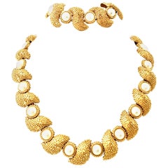 20th Century Gold Plate & Faux Pearl Necklace And Bracelet By, Trifari S/2