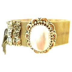 20th Century Gold Plate Metal Mesh & Mother Of Pearl Bracelet By, Whiting Davis