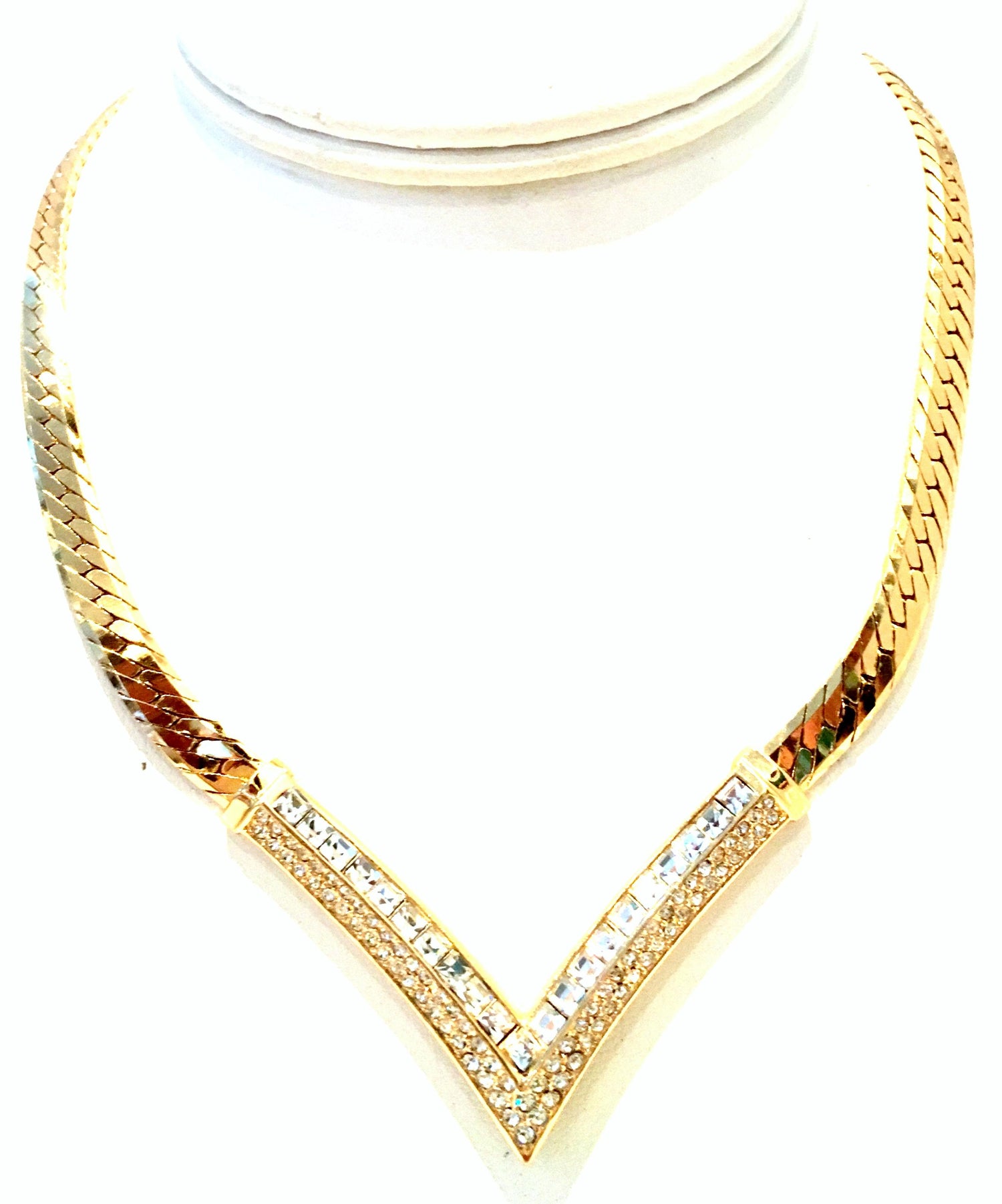 20th Century Gold Plate and Swarovski Crystal "V" Necklace By, Christian  Dior at 1stDibs | dior choker necklace with swarovski crystals, dior plate  necklace, dior swarovski necklace