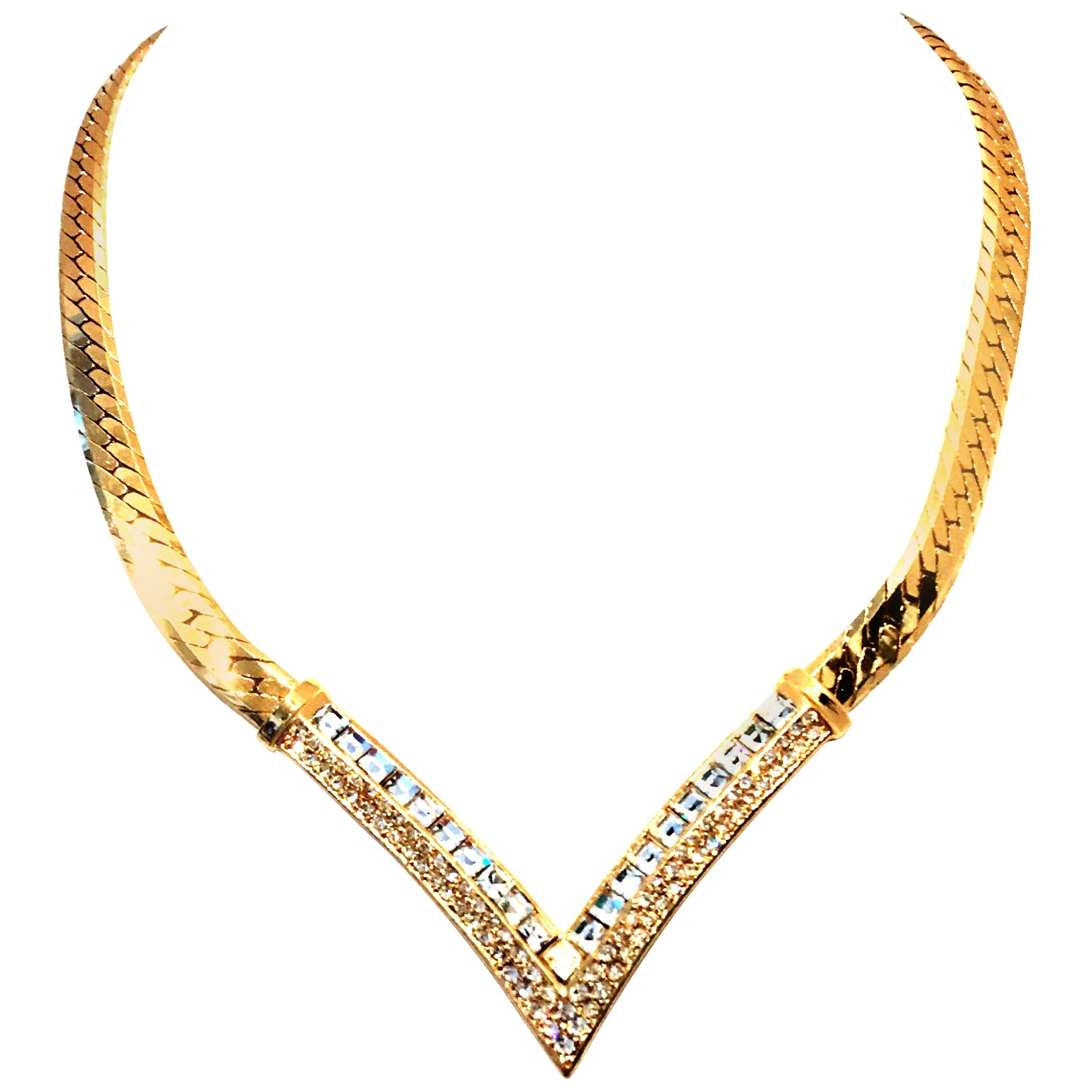 20th Century Gold Plate & Swarovski Crystal "V" Necklace By, Christian Dior