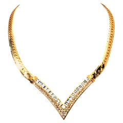 20th Century Gold Plate & Swarovski Crystal "V" Necklace By, Christian Dior