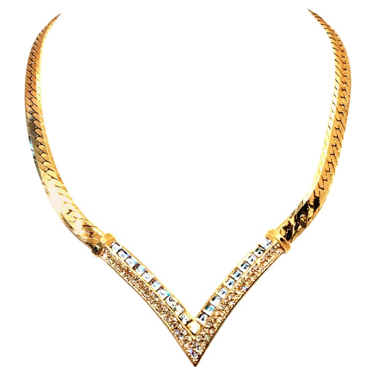 20th Century Gold Plate and Swarovski Crystal "V" Necklace By, Christian  Dior at 1stDibs | v shaped necklace swarovski, dior choker necklace with  swarovski crystals, dior plate necklace