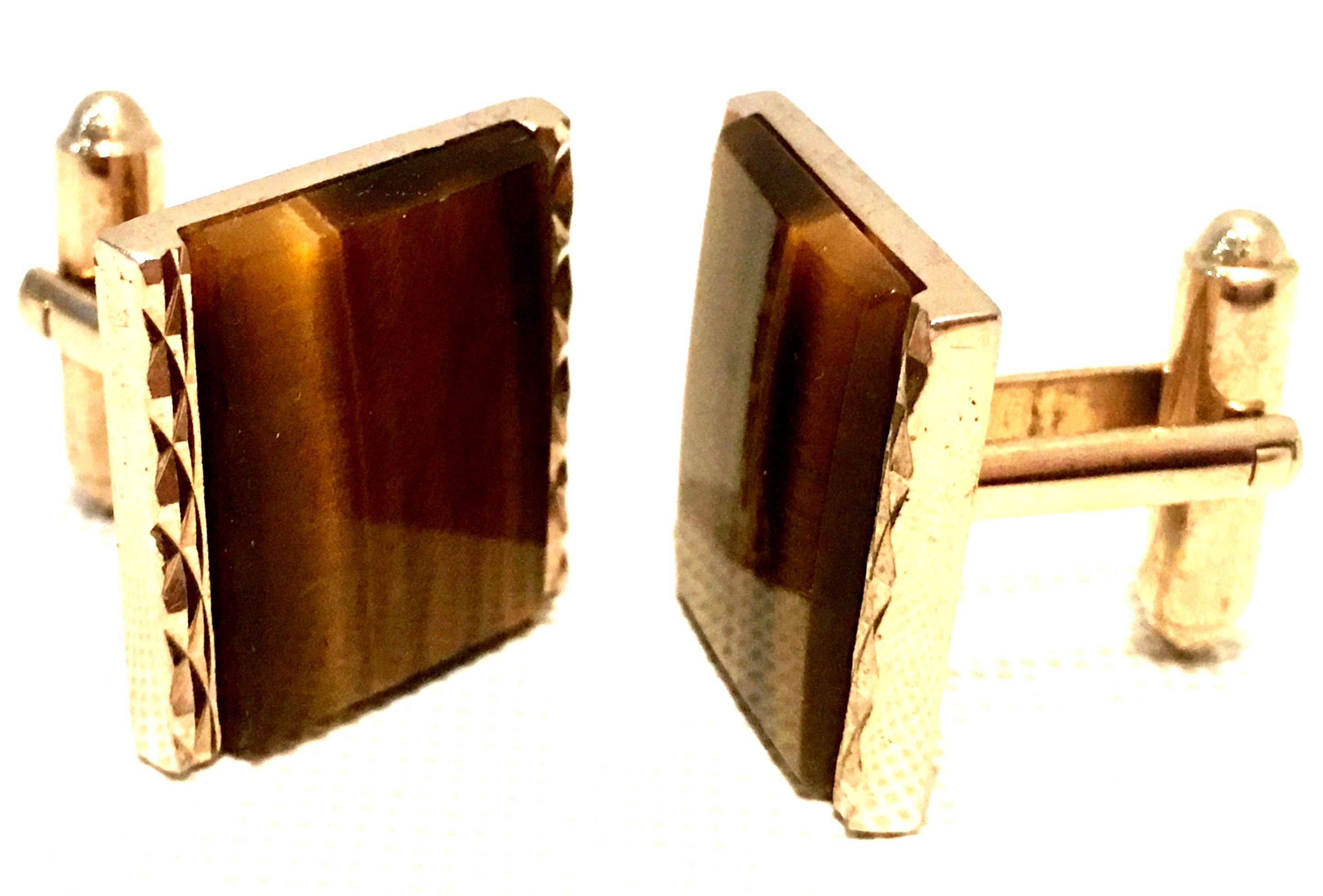 Square Cut 20th Century Gold Plate & Tigers Eye Cufflinks By, Dante For Sale