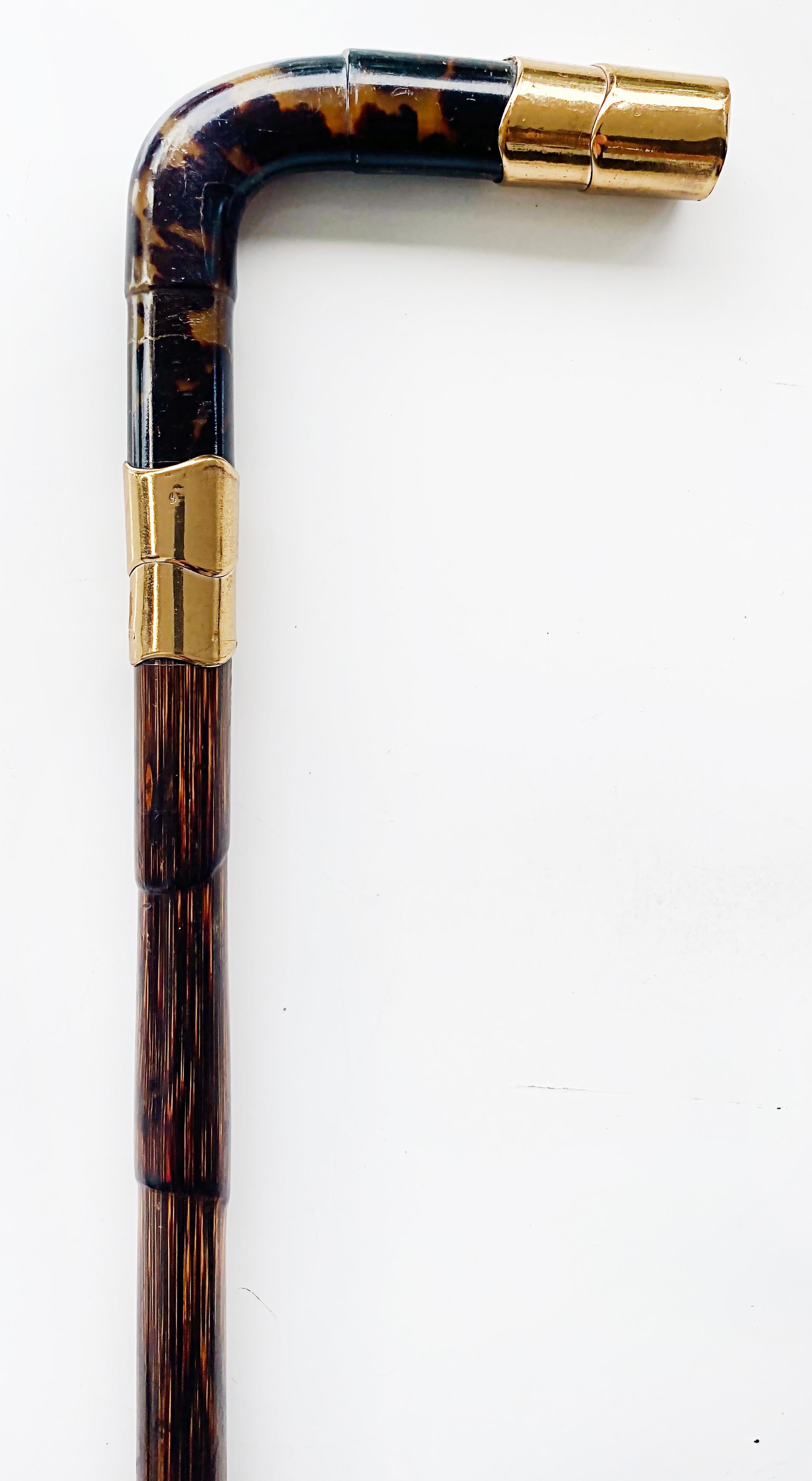 20th Century Gold Plated Rattan Walking Stick, Shell Handle and Bamboo Stick In Good Condition For Sale In Miami, FL