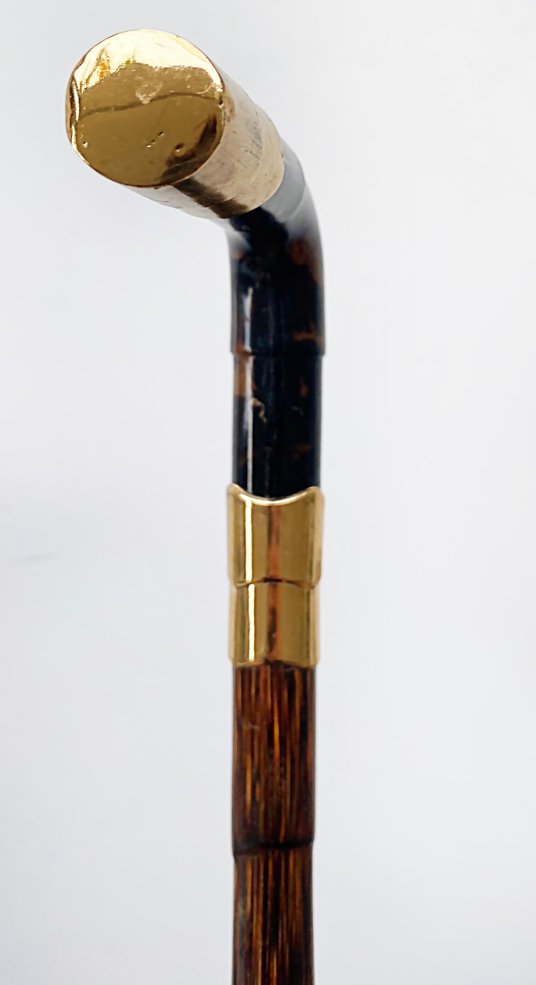 20th Century Gold Plated Rattan Walking Stick, Shell Handle and Bamboo Stick For Sale 1