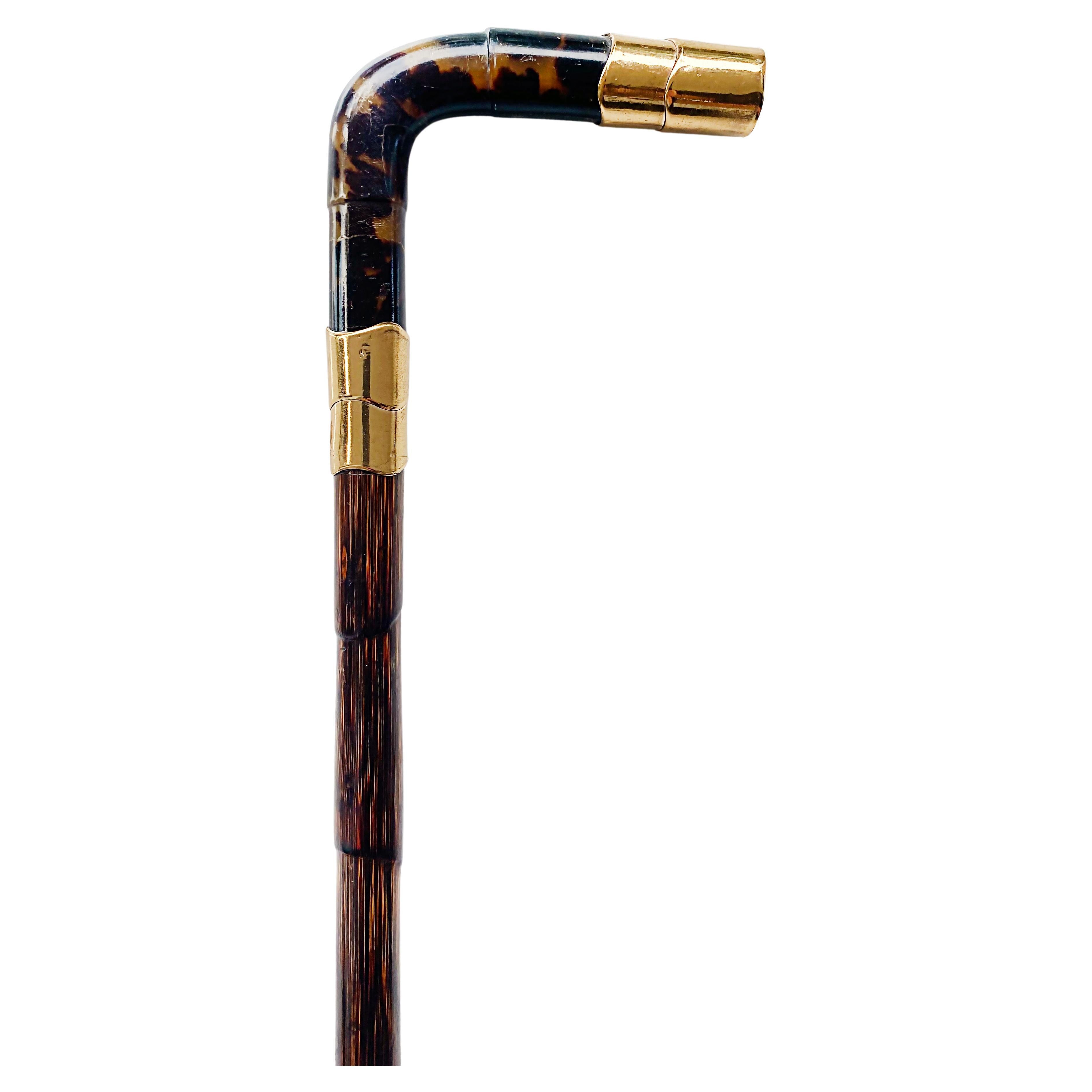 20th Century Gold Plated Rattan Walking Stick, Shell Handle and Bamboo Stick For Sale