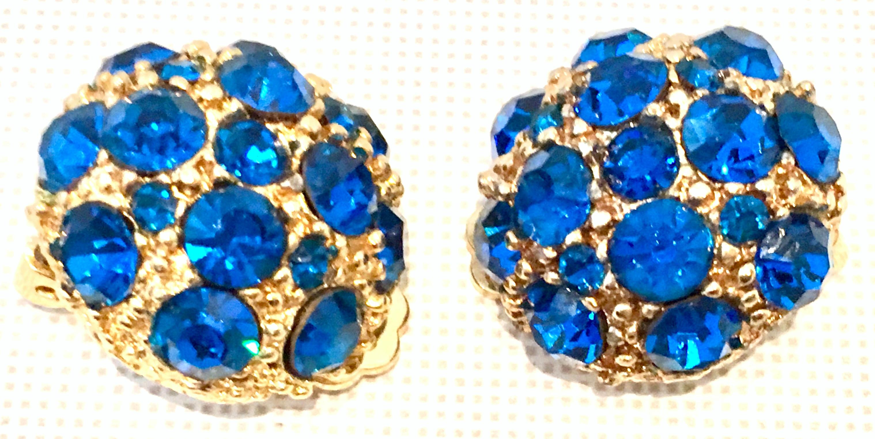20th Century Gold & Sapphire Blue Swarovski Crystal Earrings In Good Condition For Sale In West Palm Beach, FL