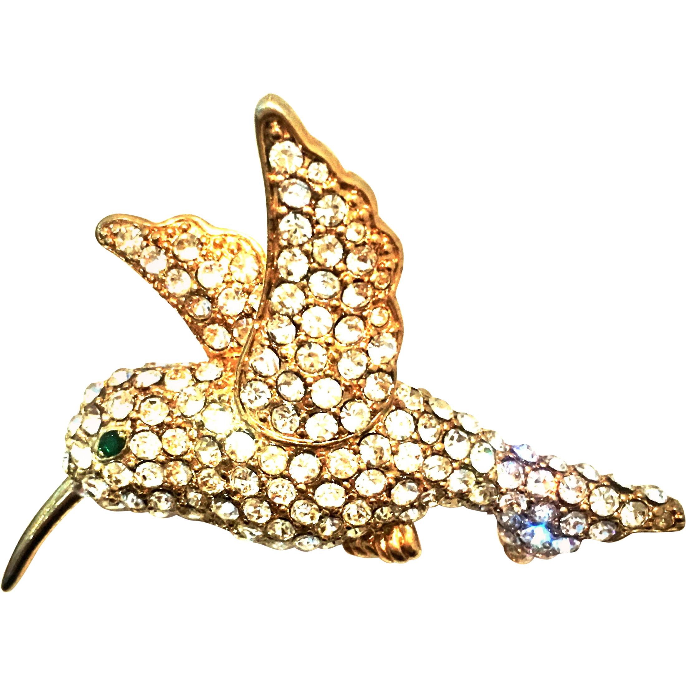 20th Century Gold & Swarovski Crystal Hummingbird Brooch