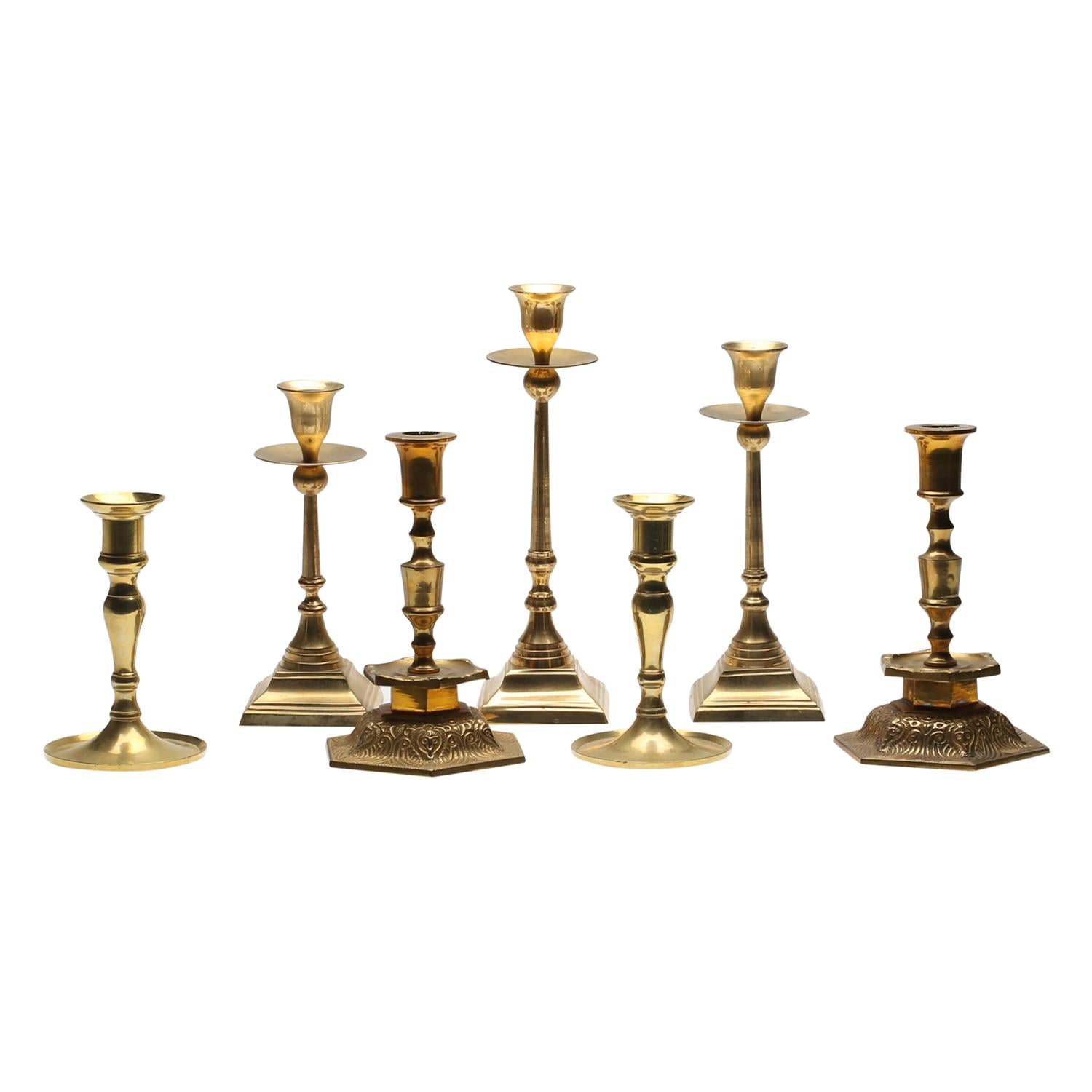 Hand-Crafted 20th Century Gold Swedish, Danish Collection of Fourteen Brass Candlesticks For Sale