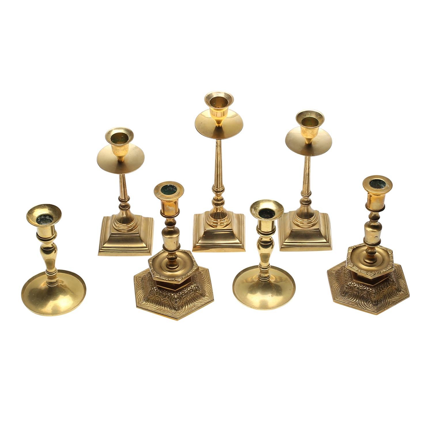 20th Century Gold Swedish, Danish Collection of Fourteen Brass Candlesticks In Good Condition For Sale In West Palm Beach, FL