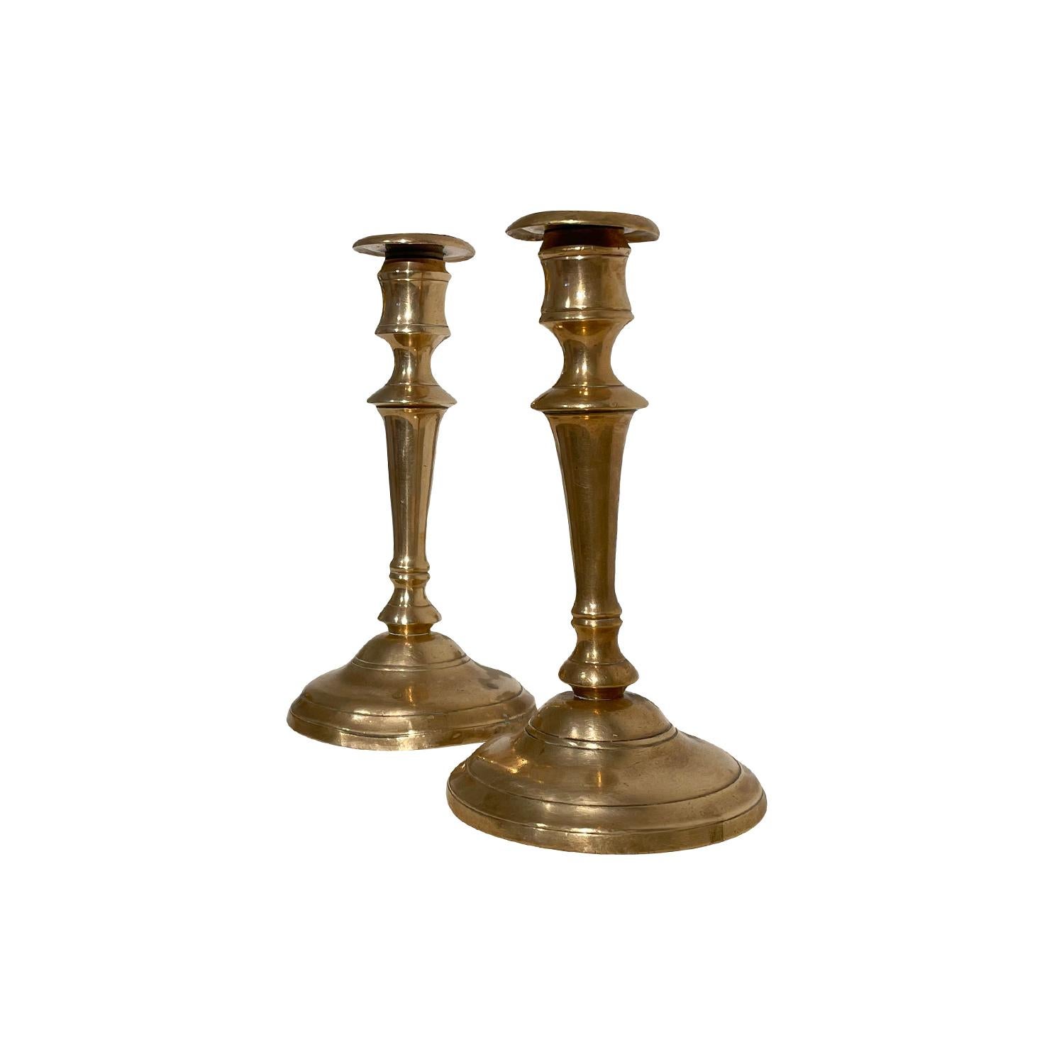 Metal 20th Century Gold Swedish Gustavian Pair of Bronze Candle Holders by Skultuna For Sale