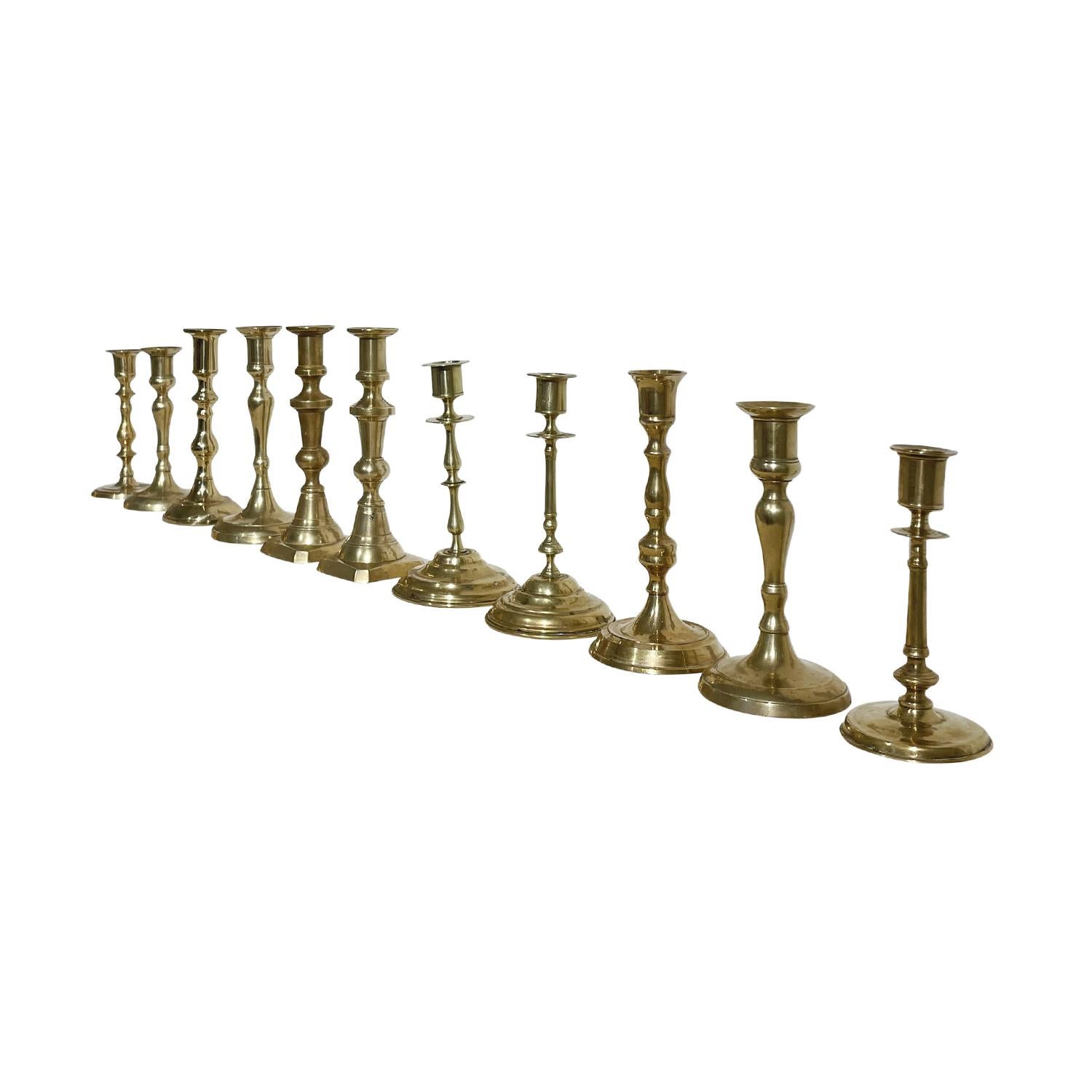 Metal 20th Century Gold Swedish Gustavian Similar Set of Eleven Brass Candle Holders For Sale