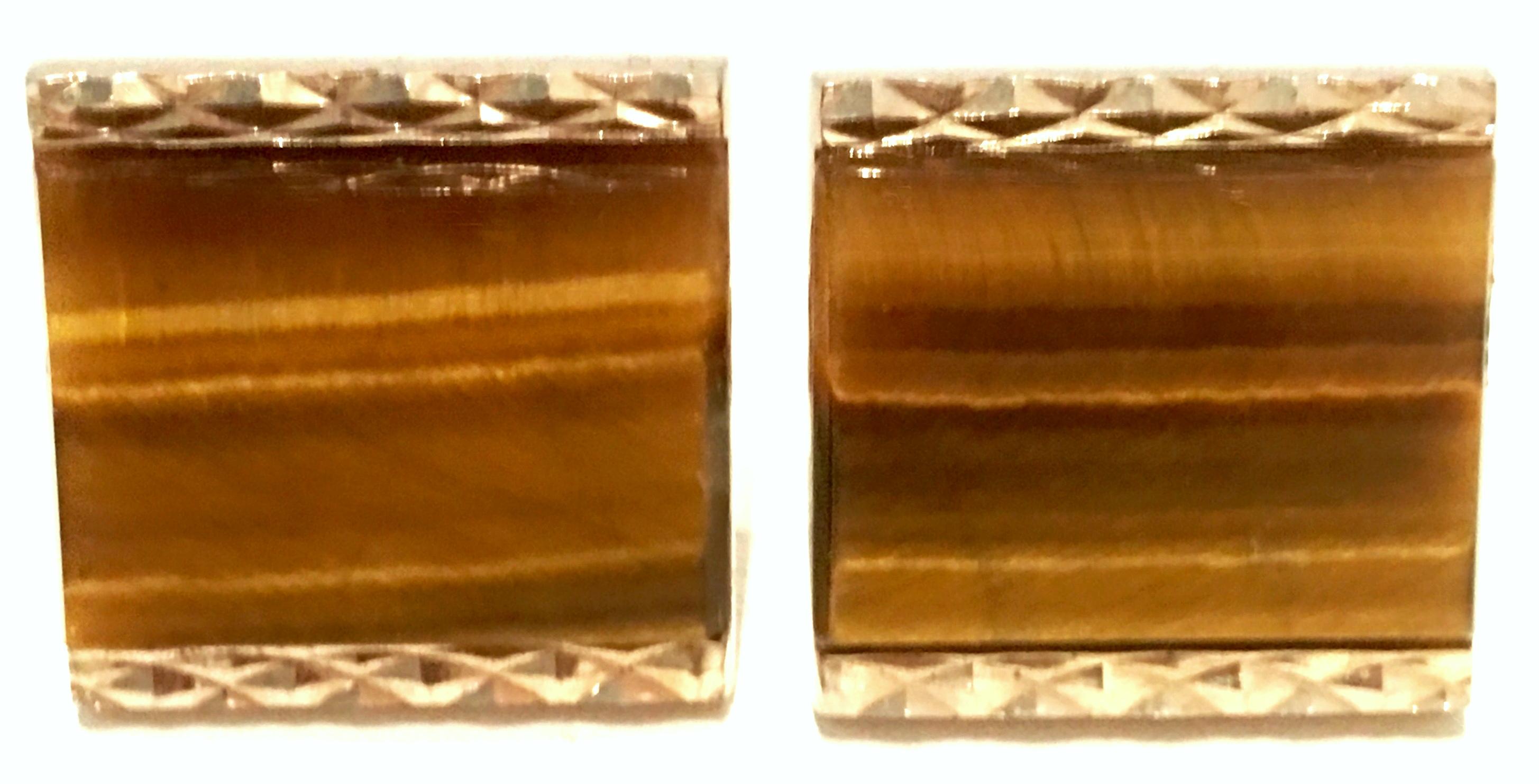 20th Century Gold Plate & Polished Tigers Eye Cufflinks By, Dante. Each piece is signed, Dante on the interior stem.