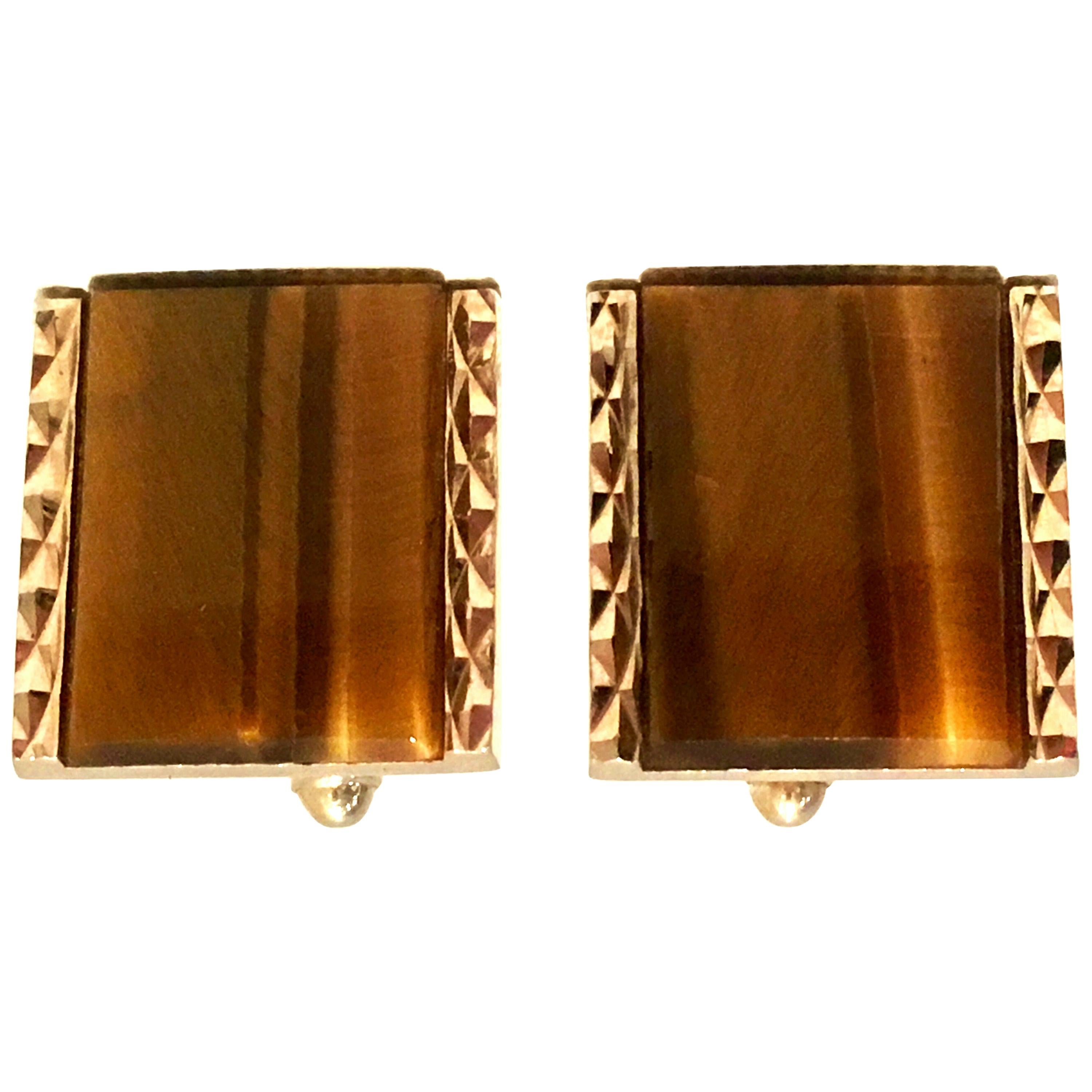 20th Century Gold Plate & Tigers Eye Cufflinks By, Dante For Sale