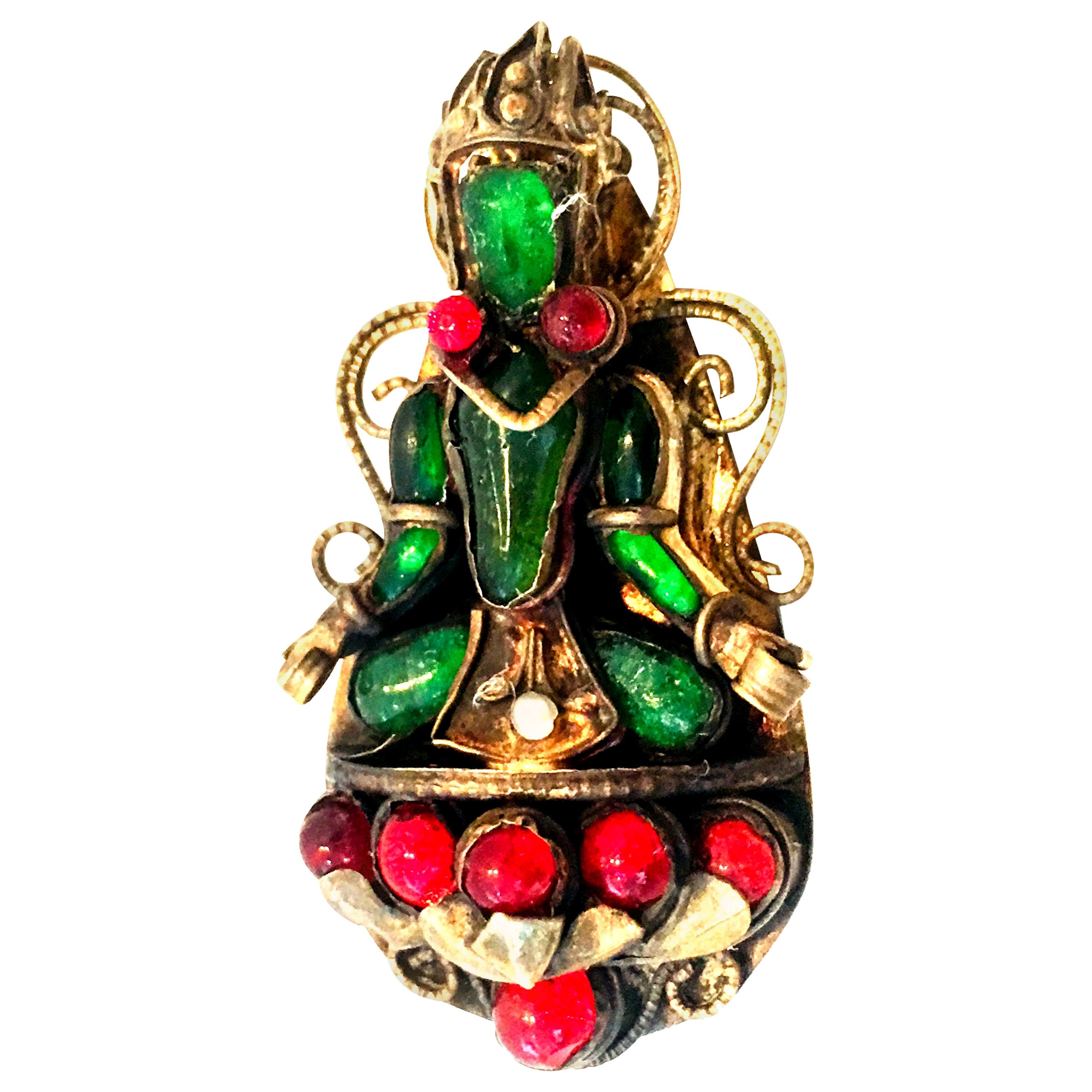 Antique 20th Century Gold Vermeil & Molded Glass Abstract Buddha Brooch