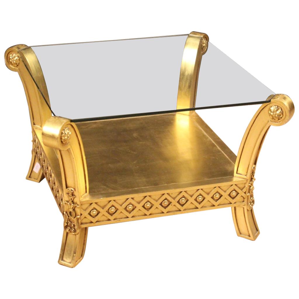 20th Century Gold Wood and Plaster with Glass Top French Coffee Table, 1970