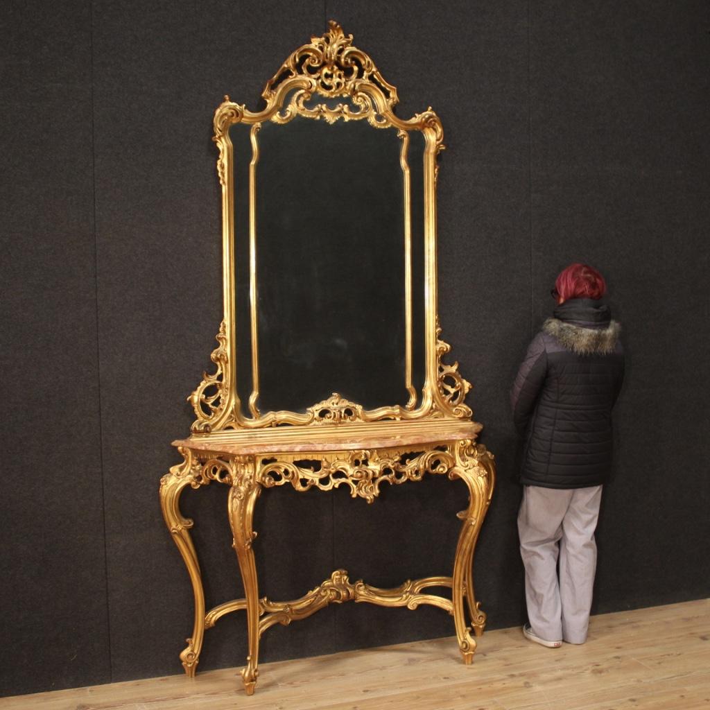 20th Century Gold Wood Marble Top Italian Louis XV Style Console with Mirror 7