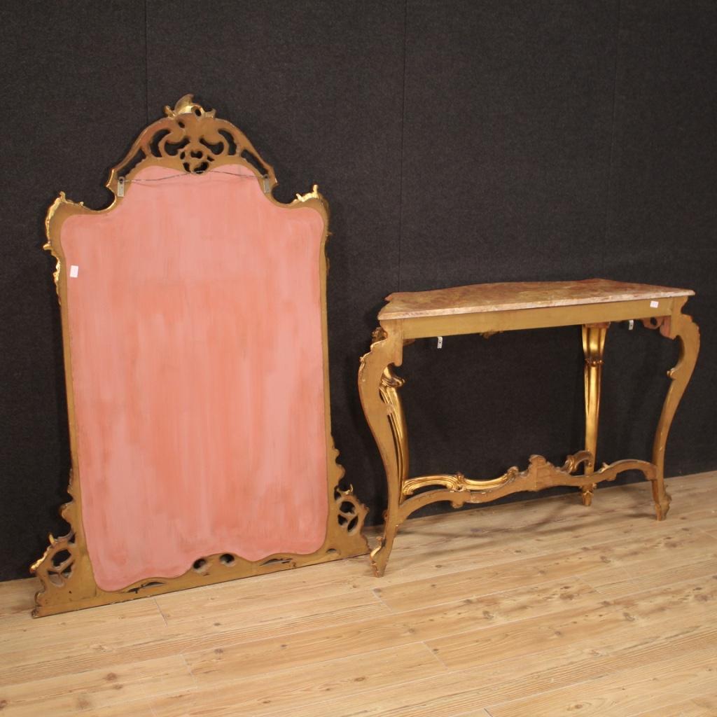 20th Century Gold Wood Marble Top Italian Louis XV Style Console with Mirror 8