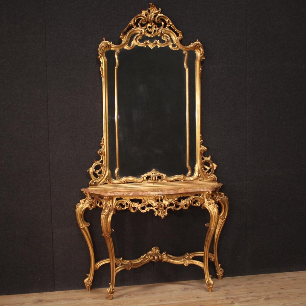 20th Century Gold Wood Marble Top Italian Louis XV Style Console with Mirror 1
