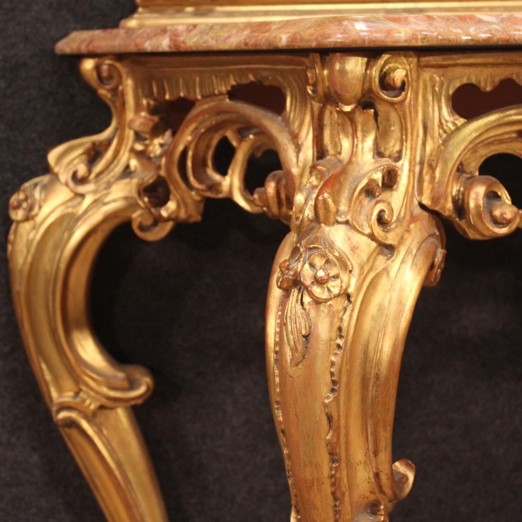 20th Century Gold Wood Marble Top Italian Louis XV Style Console with Mirror 4
