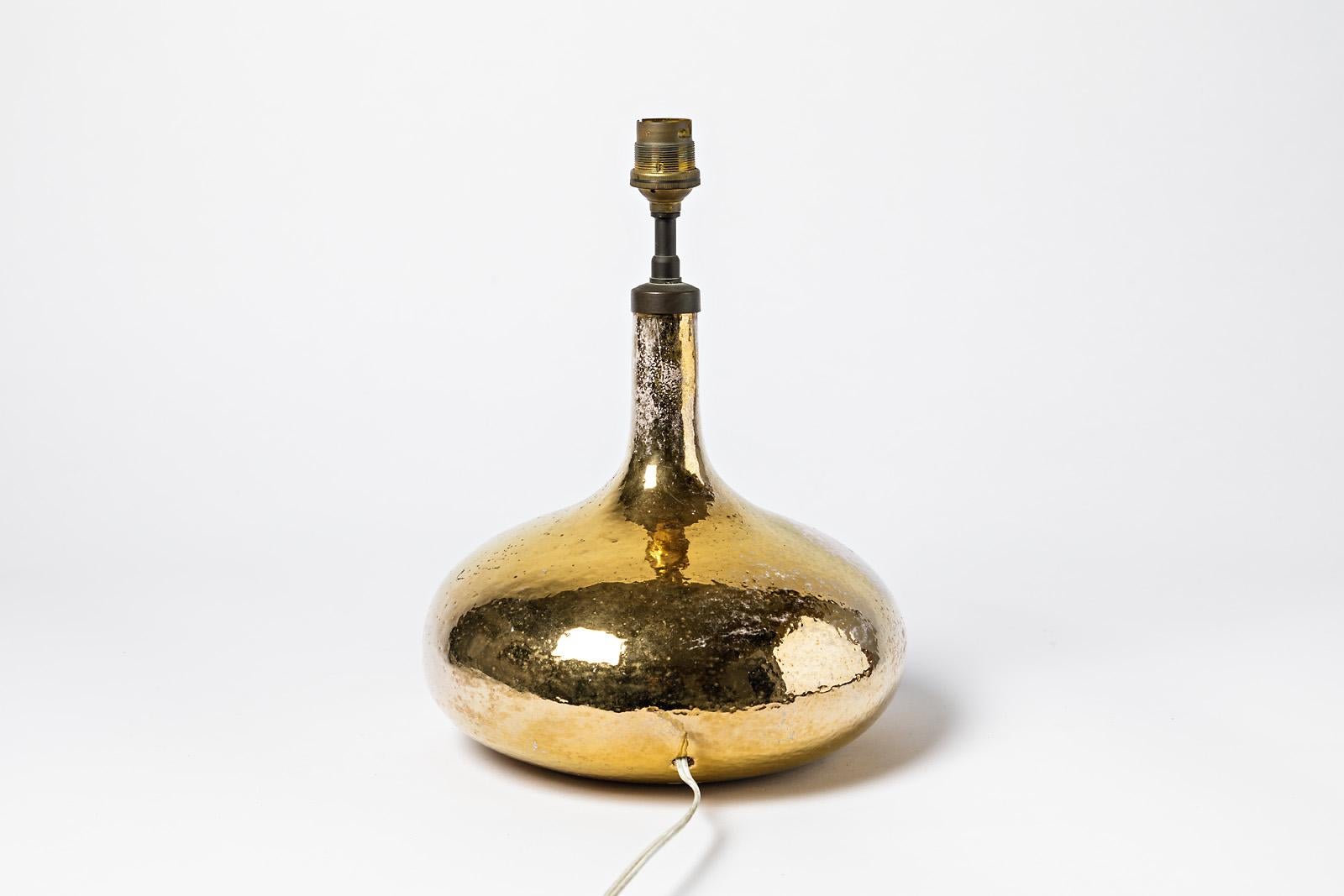 Mid-Century Modern 20th Century Golden Ceramic Table Lamp Shinny Gold Colors, circa 1950 For Sale