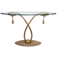 20th Century Golden Iron Structure and Oval Original Glass Top Table Console