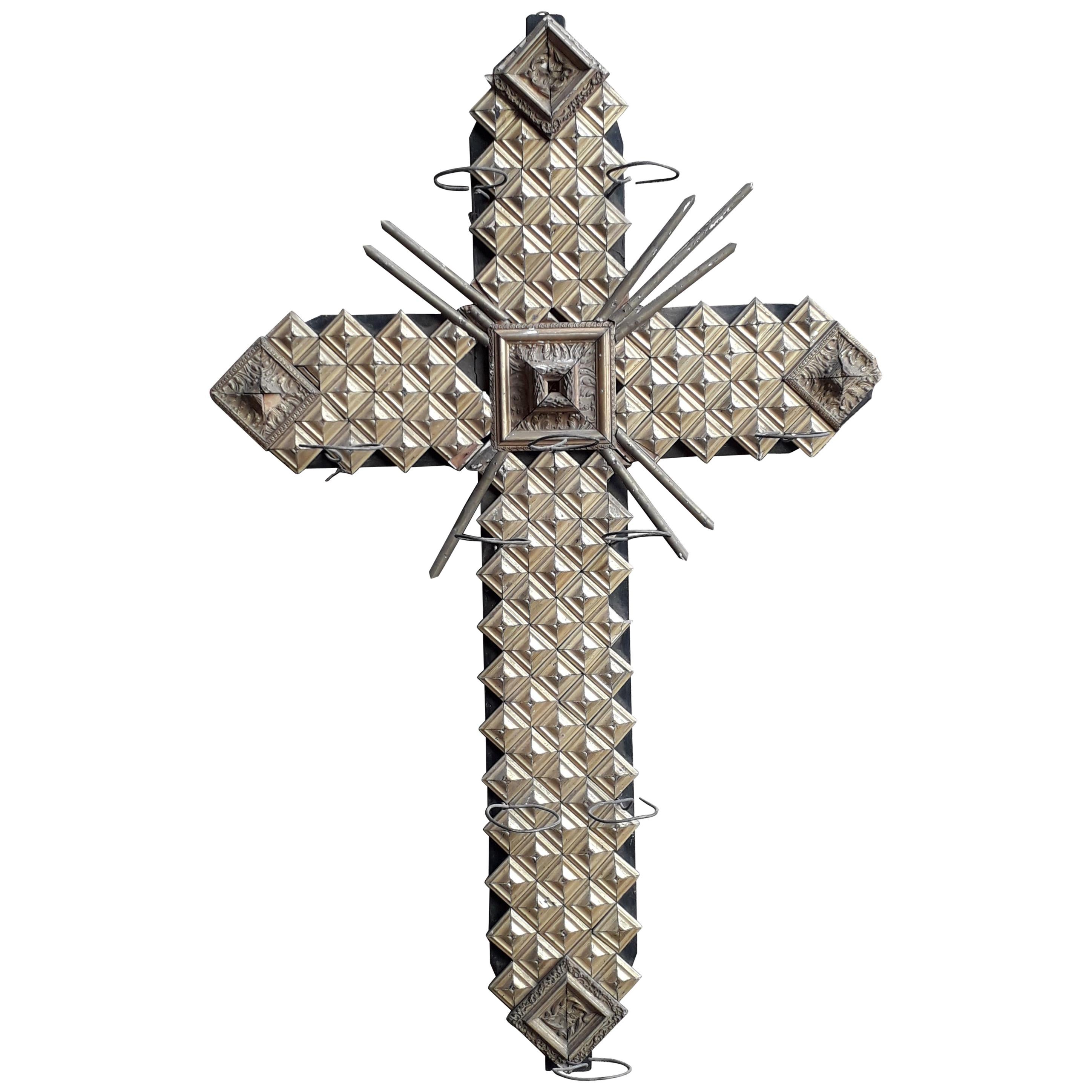 20th Century Golden Wood Cross with Photophores For Sale