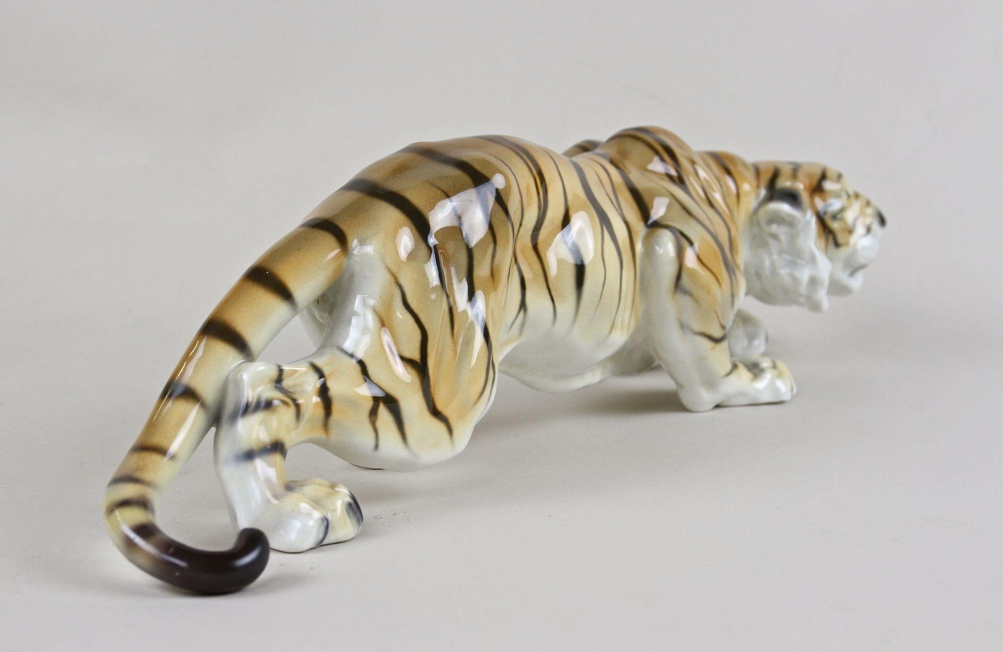 Austrian 20th Century Goldscheider Ceramic Tiger Figurine, Hallmarked, Germany, Ca. 1920