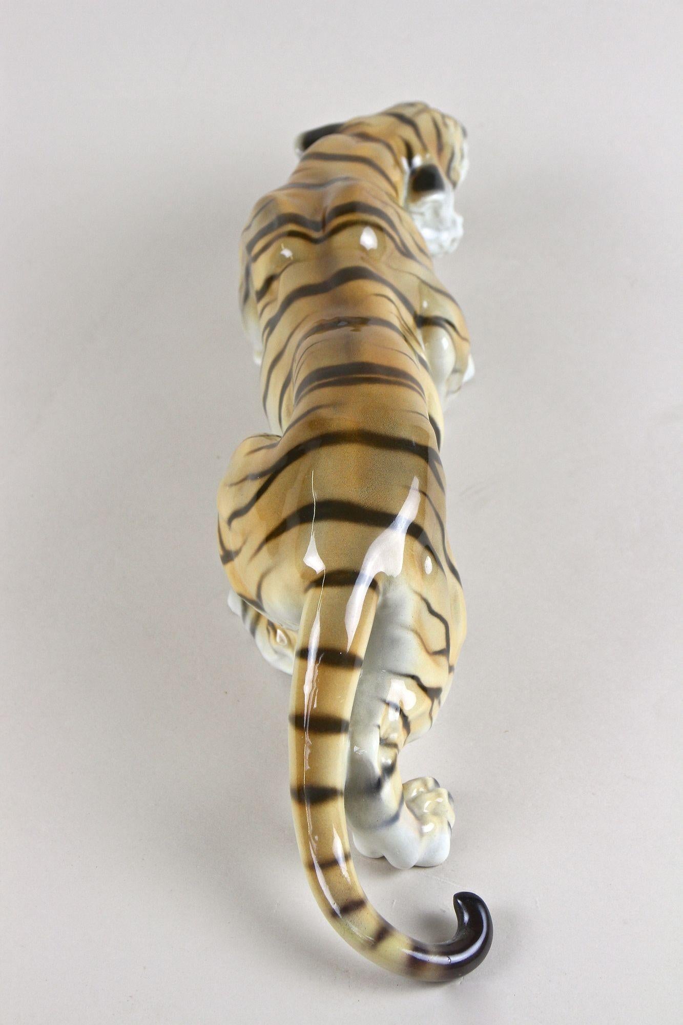 Glazed 20th Century Goldscheider Ceramic Tiger Figurine, Hallmarked, Germany, Ca. 1920