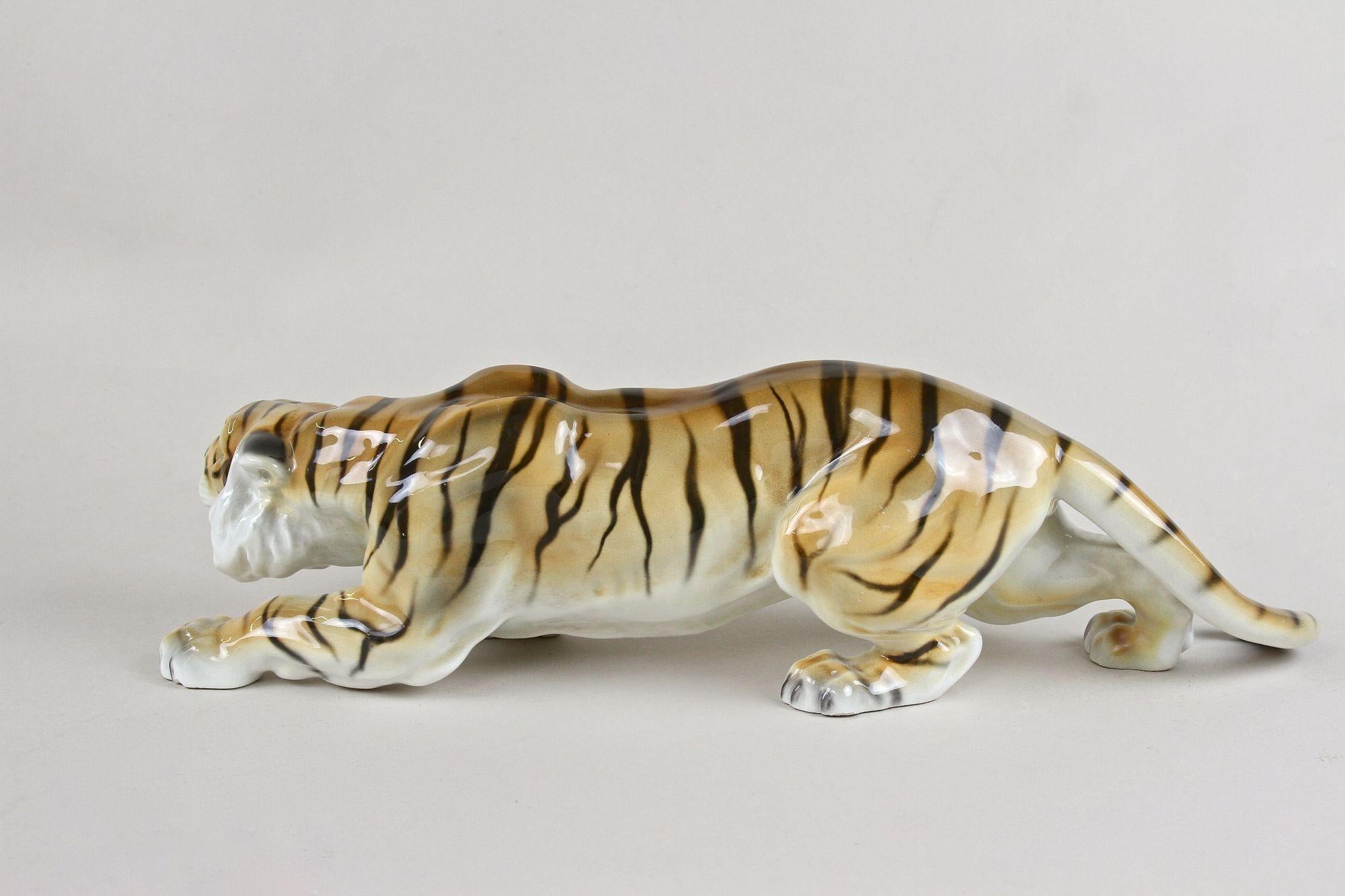 20th Century Goldscheider Ceramic Tiger Figurine, Hallmarked, Germany, Ca. 1920 1