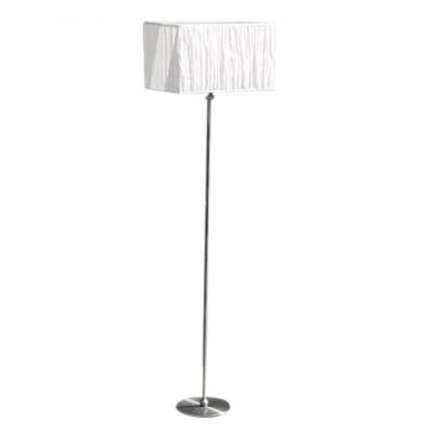A silver, vintage Mid-Century Modern Swedish floor lamp with a white shade, made of hand crafted stainless steel. The Scandinavian golvlampa was produced by Konsthantverk, featuring a one light socket in good condition. Model 2792, Lot 2746-1. The