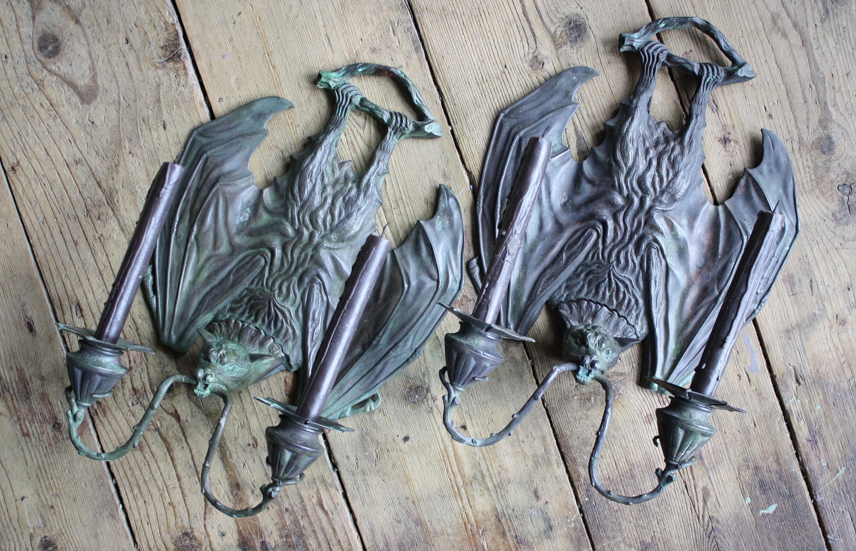 20th Century Gothic Bronze Bat Wall Sconces, After William Tonks for Liberty 6