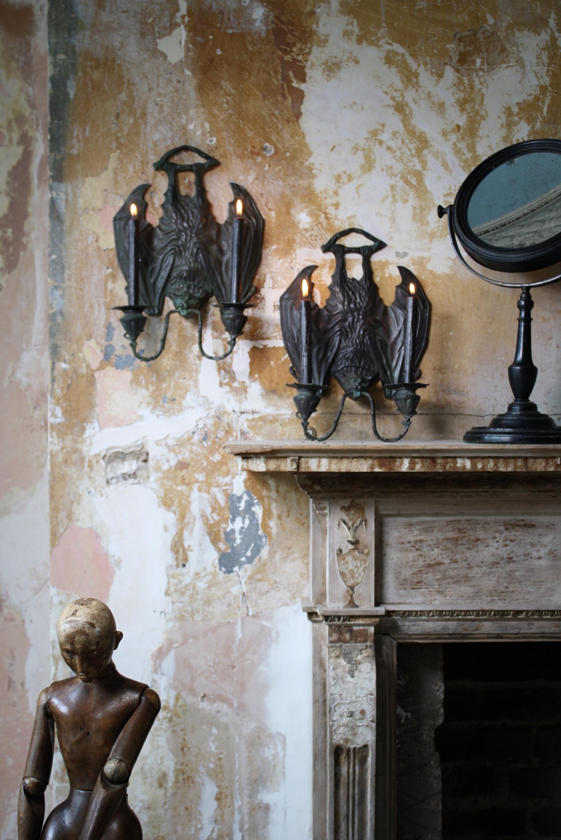 English 20th Century Gothic Bronze Bat Wall Sconces, After William Tonks for Liberty