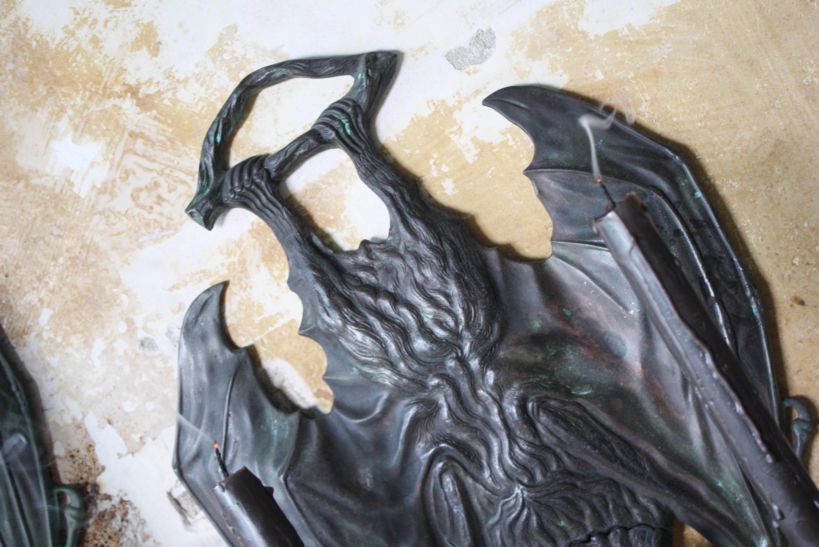 20th Century Gothic Bronze Bat Wall Sconces, After William Tonks for Liberty In Good Condition In Lowestoft, GB